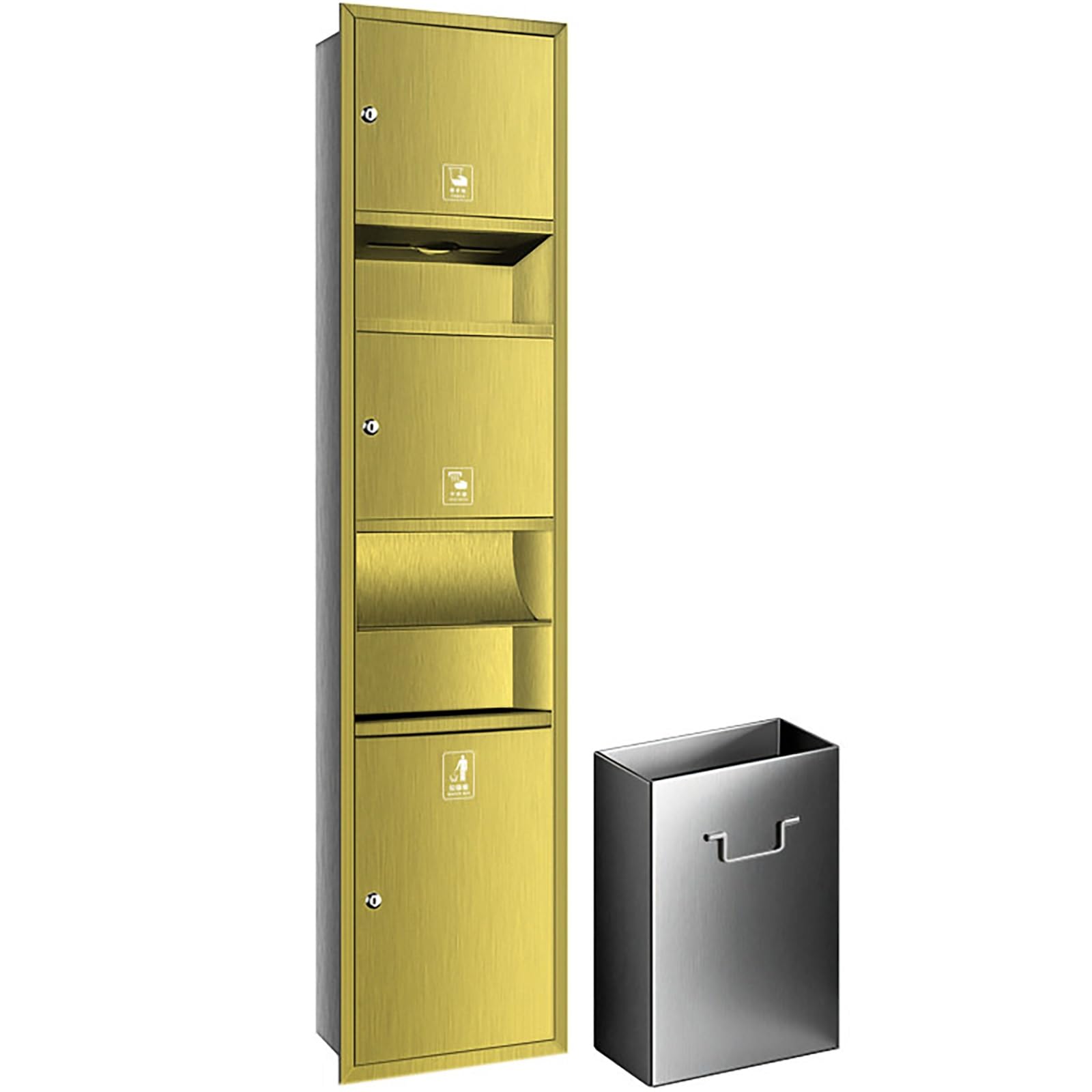 Portarrollos Papel Higiénico Empotrable con Papelera Integrada, Hornacina de Baño de Acero Inoxidable 304, Módulo de Pared Todo en Uno para Reforma de Baño(Gold,1600x365x165mm)