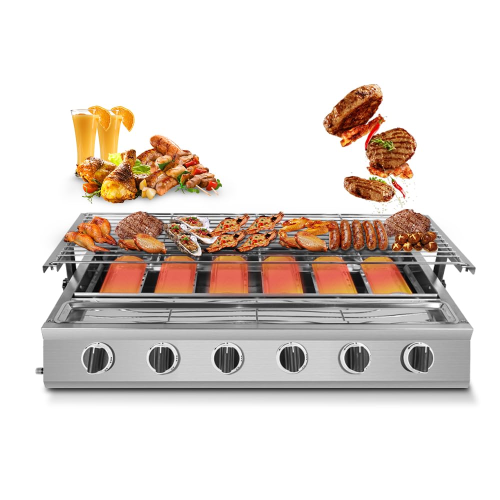 6-palnik przenośny grill gazowy, bezdymny LPG BBQ ze szklaną pokrywką na patio Camping Garden Party, podczerwone ciepło ceramiczne, ruszty ze stali nierdzewnej, łatwe czyszczenie na zewnątrz