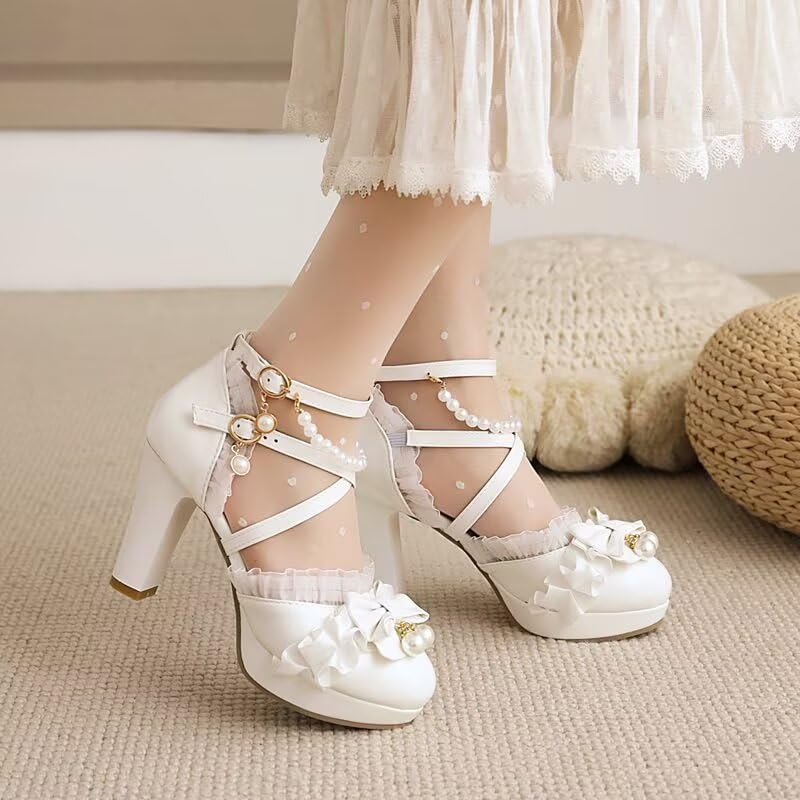 Womens Lolita Dress Shoes Bow Chunky Heels Cute Kawaii Pumps Pearl Ruffles Mary Janes Platform Cross Strap Sandals3