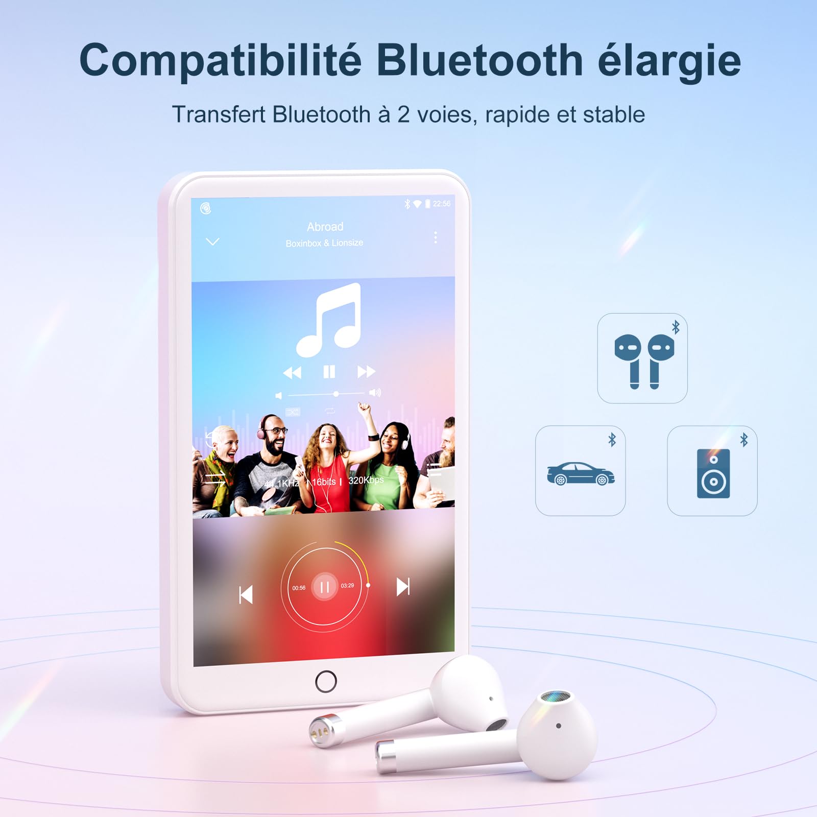 MECHEN Lecteur MP3 Spotify Bluetooth MP4 Radio WiFi Android 9.0 Écran Tactile 4 Pouces Blanc