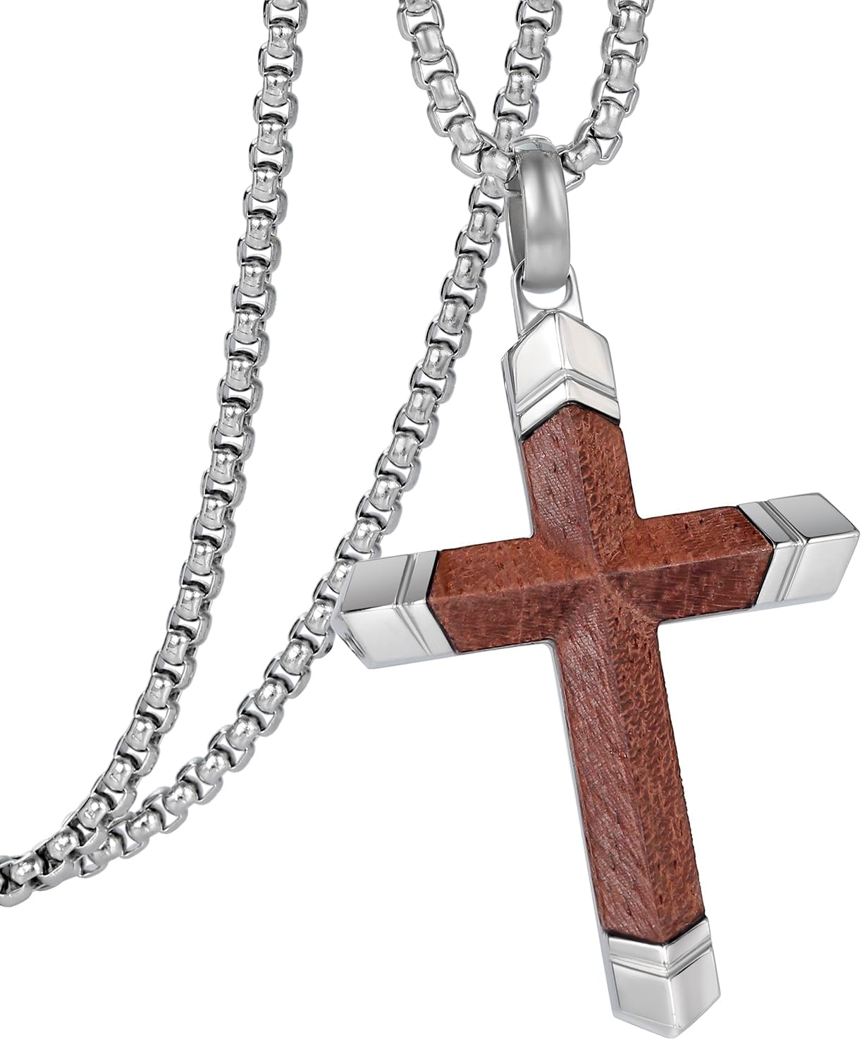 Cross Necklace for Men -Stainless Steel & Wood Adjustable Box Chain 24-26in, Spiritual Jewelry Gift for Him, Everyday Wear