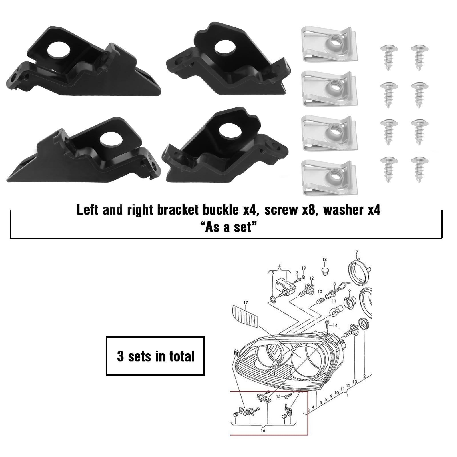 ECSiNG Kit di riparazione fari auto staffa clip inludes vite e guarnizione anteriore faro riparazione set 6R0998225 6R0998226 compatibile con VW Polo 2009-2017