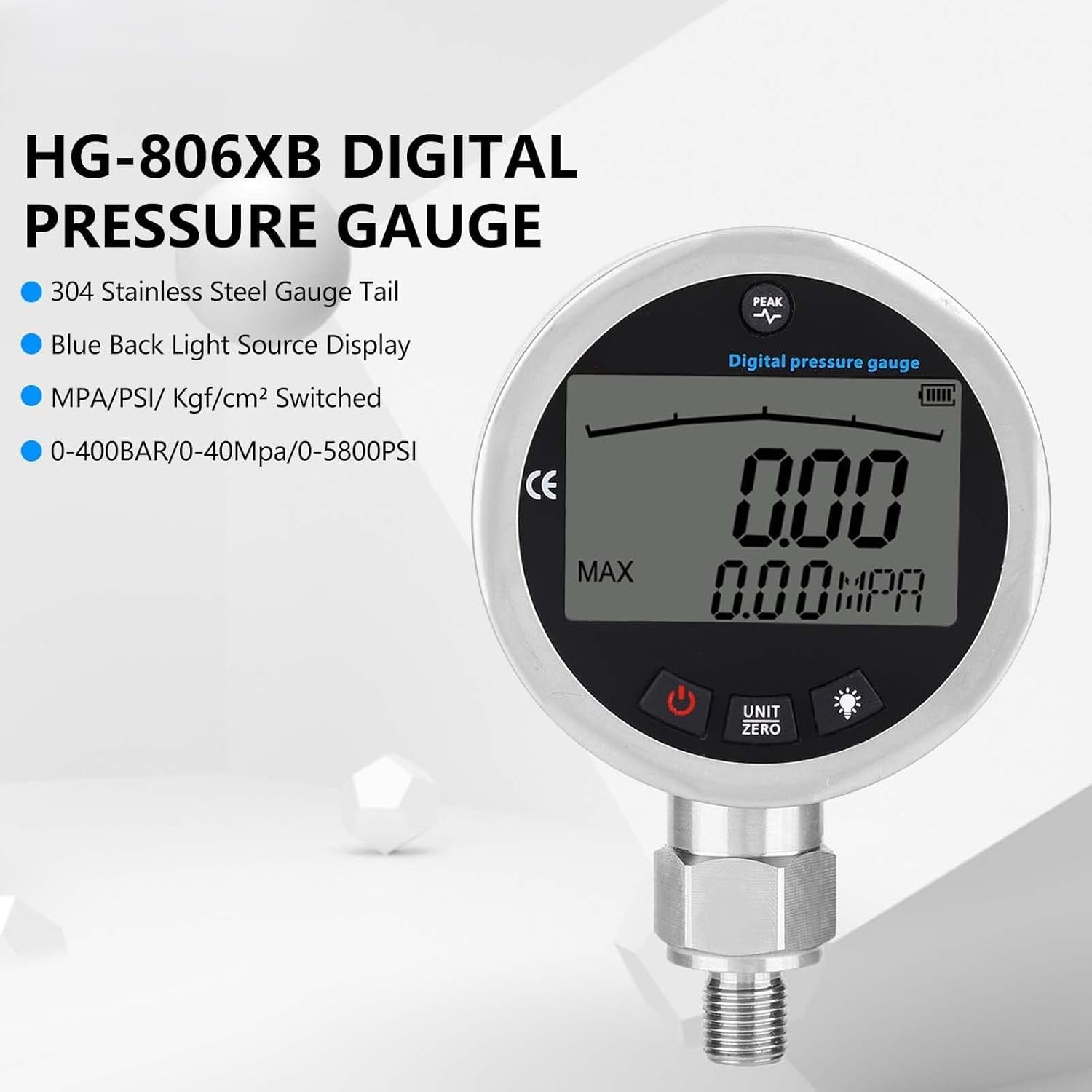 Digital Hydraulik Manometer, Edelstahl Hydraulisches Druckmessgerät, 0-400BAR, 0-40Mpa,0-10000PSI Wasserdruckmesser, Hydraulischer Messgerät mit Beleuchtetem LCD, für Wasser, Gas, Öl Tester