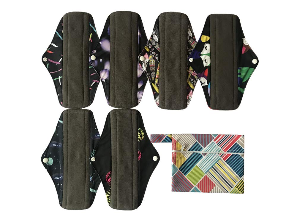 MUMBABY 7pcs Set 1pc Mini Wet Bag +6pcs 10 Inch Regular Charcoal Bamboo Mama Cloth/Menstrual Pads/Reusable Sanitary (10inch, Corn Field)