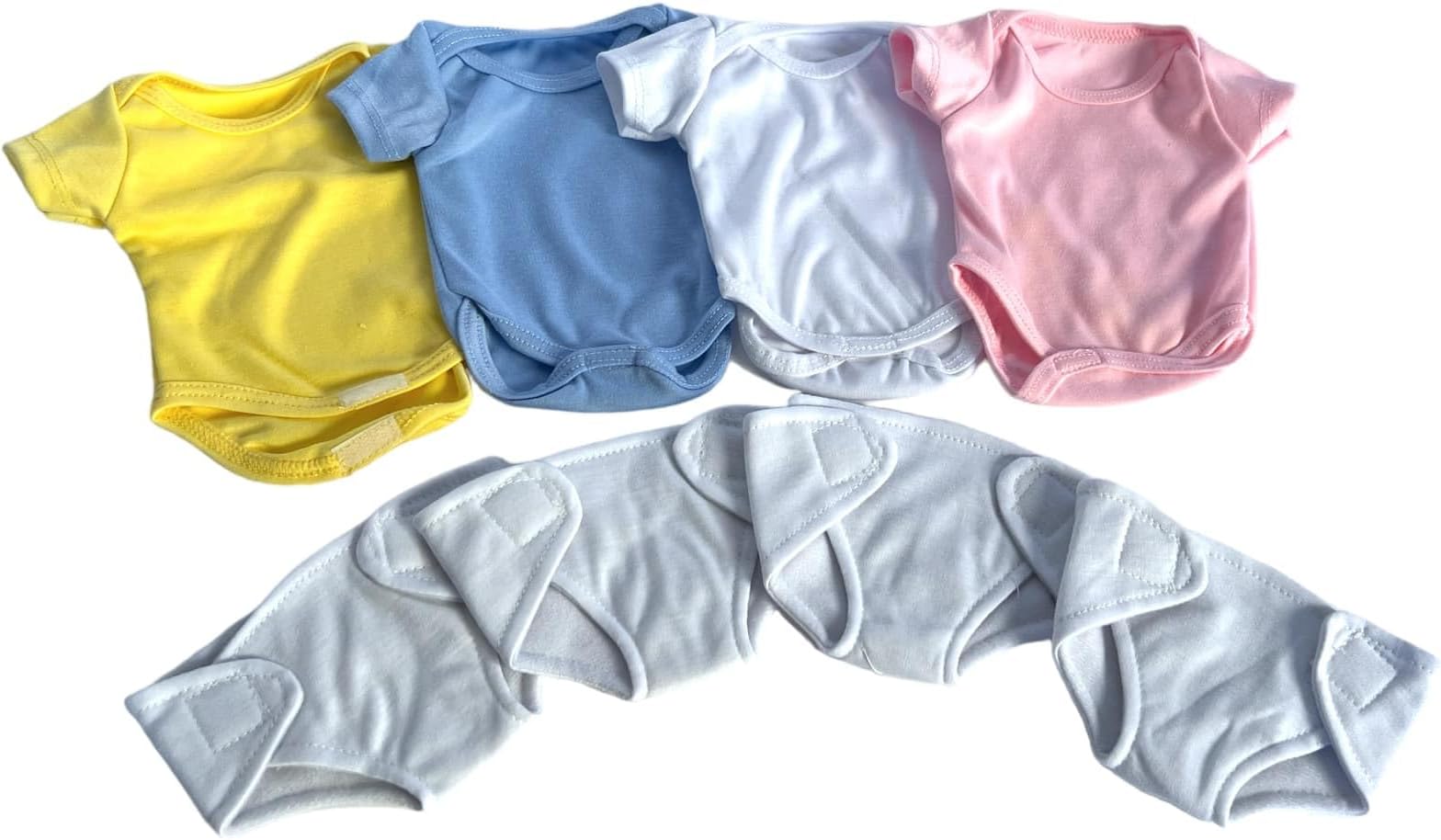 Ann Lauren Baby Doll Clothes and Accessories- Set of 4 Short Sleeve Rompers and 4 Reusable Baby Diapers- Fits 15"-18" Baby Dolls