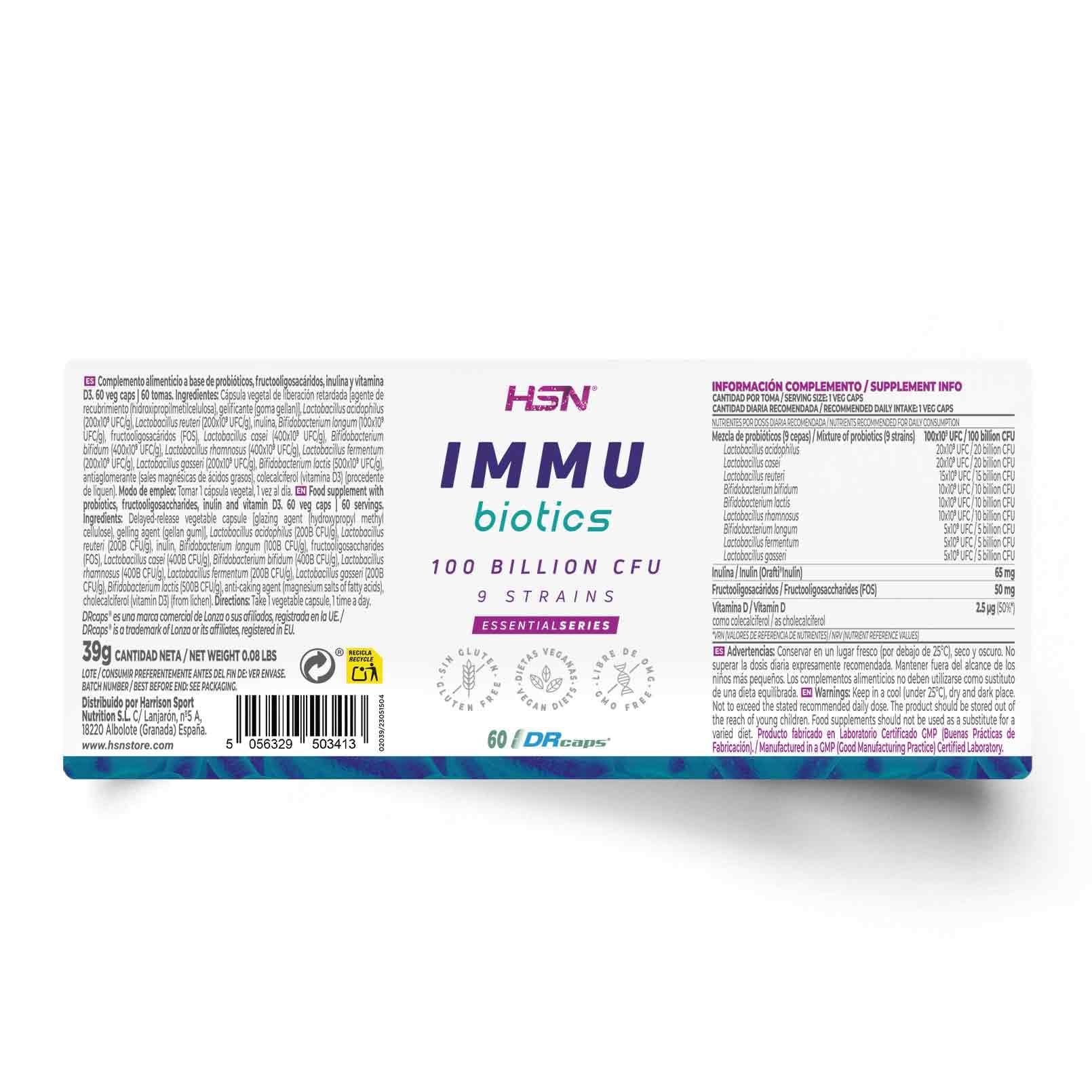 Probiótico Sistema Inmune 100 Billion UFC - 9 Cepas Lactobacillus y Bifidobacterium - de HSN INMU BIOTICS | 60 Cápsulas DR Caps® de liberación retardada y recubrimiento entérico