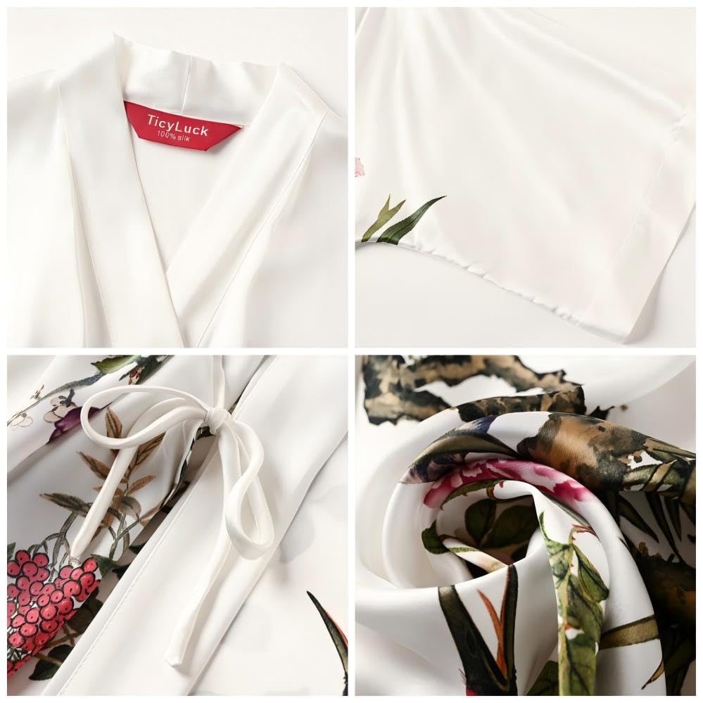 Image of Women's Silk Kimono Robe Short Bathrobe Nightgown 100% Mulberry Silk for Women - Classic Floral Pattern