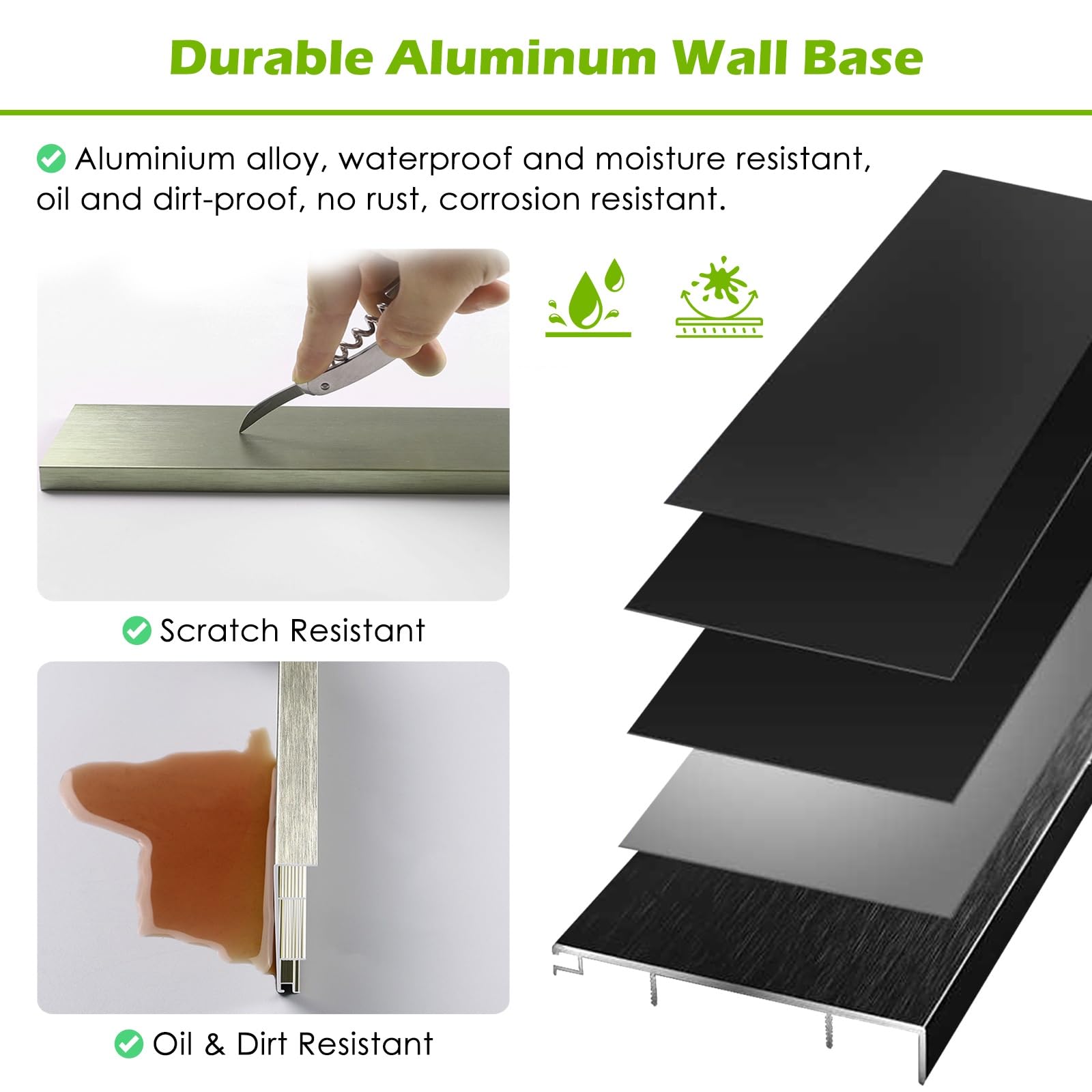 Kit de molduras de zócalo negro, herramienta de instalación perforada, moldura de piso de metal y aluminio para protección de paredes en madera, azulejos y hormigón (3 pulgadas de ancho, 40 pulgadas