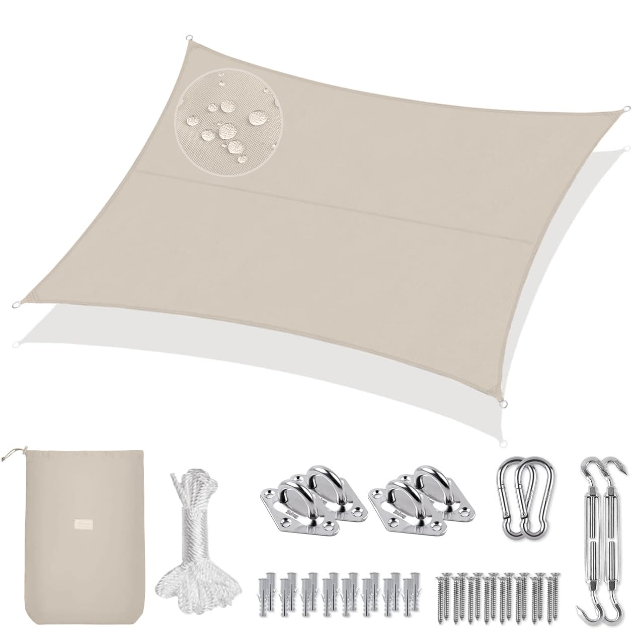 Sekey Sonnensegel Wasserdicht 4x5m Rechteckig mit Edelstahl Befestigungs Kit PES Polyester, Sonnenschutz 95% UV Schutz Windschutz Reißfest Wetterfest, für Balkon Garten, Taupe
