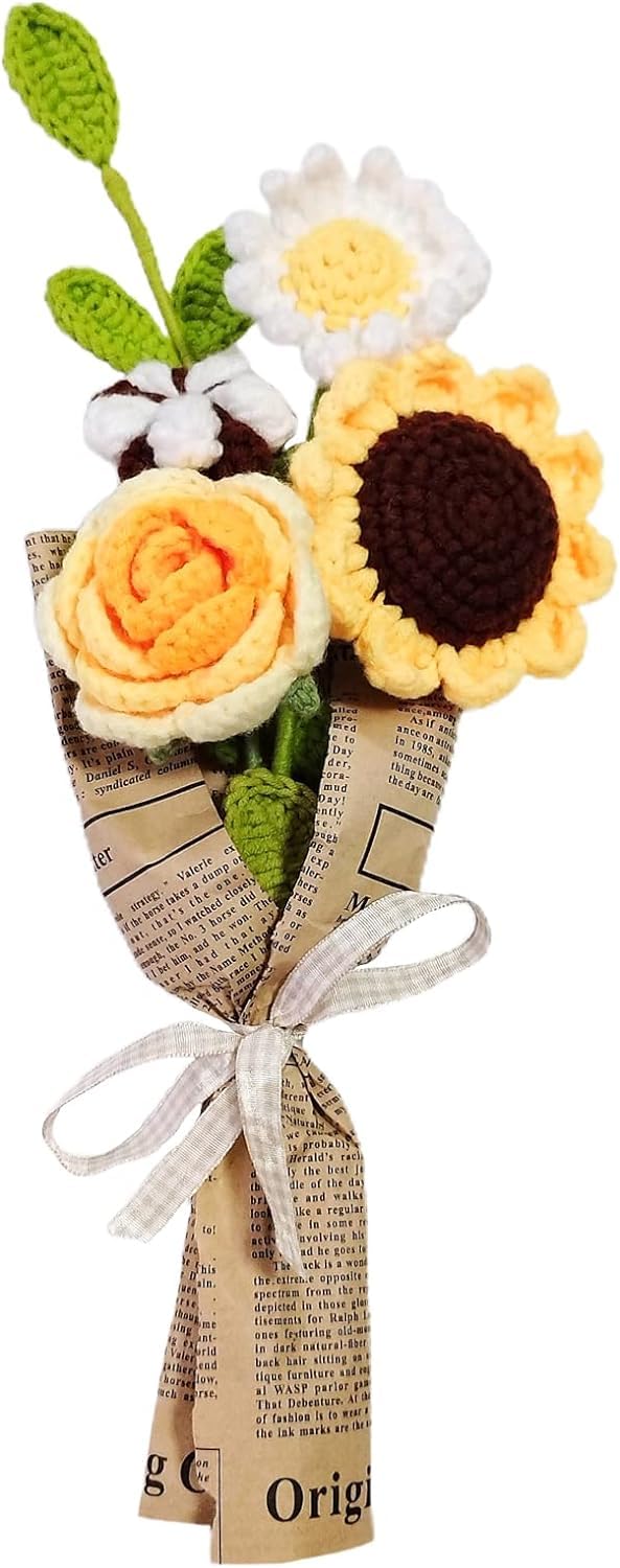 Dryfal Orange 1X Handmade Knitting Crochet Flower Bouquet, Mixed Rose Sunflower Daisy, Yellow, 4X15x4cm, Artificial_plant, Bouquet, Flower Bouquet, 3028509031