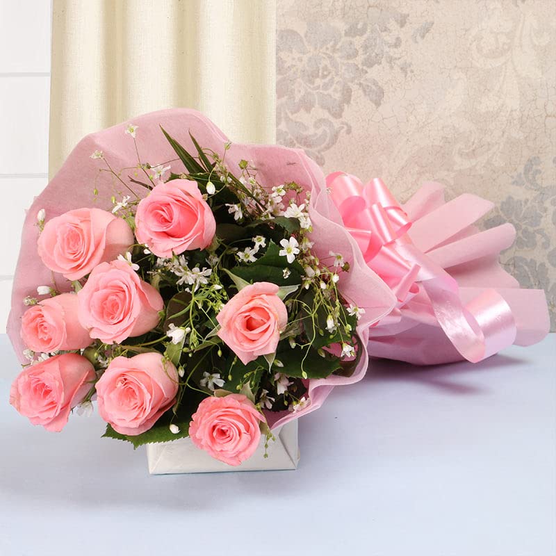 The FloralMart® Mother's Day Special Fresh Flowers Bouquet of 12 Pink Roses in Paper Wrapping, Bunch of 12 (Pink Rose)-image-42