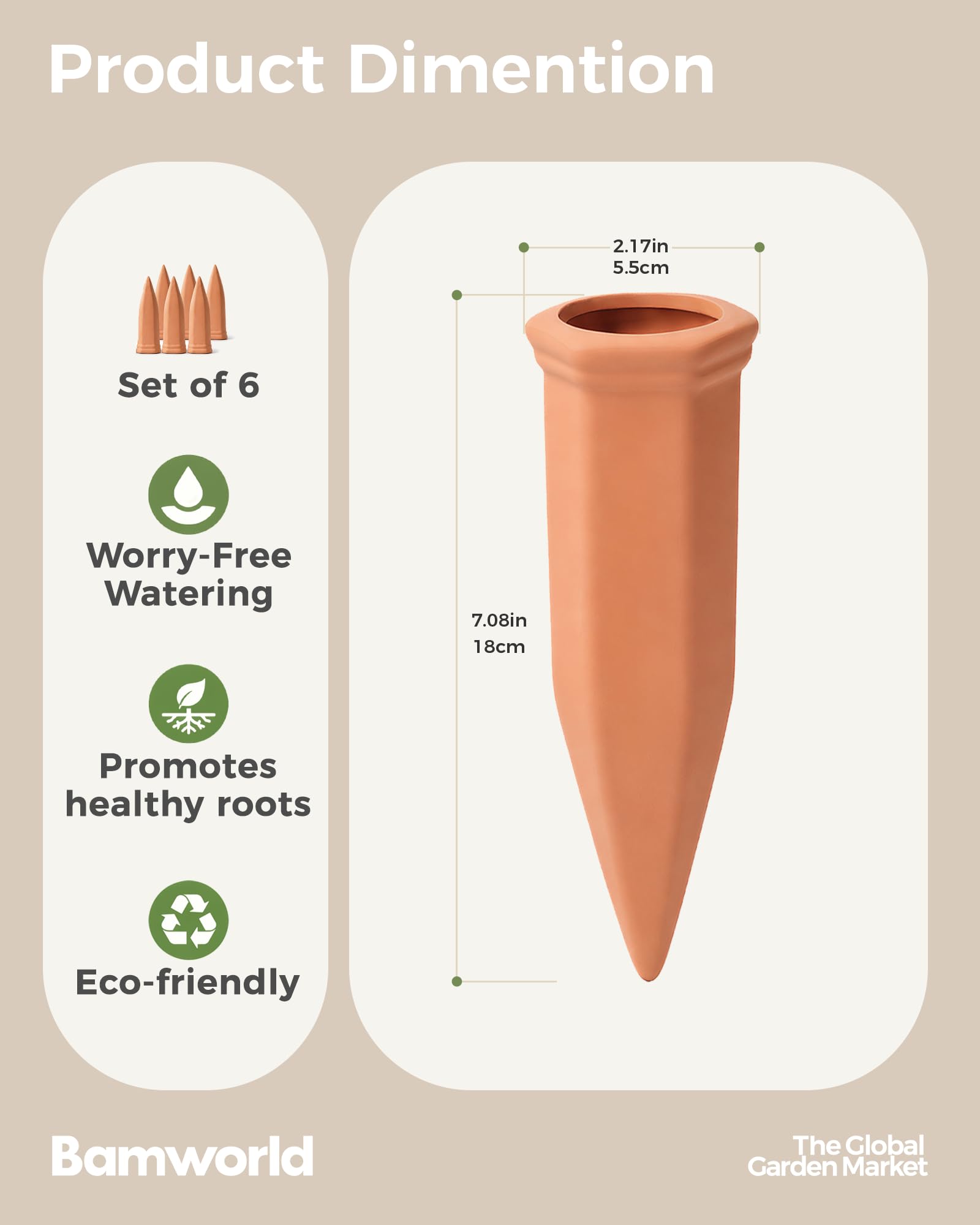 Bamworld Ollas d'Arrosage 6 Pièces Cônes d'Irrigation en Terre Cuite, Système Autonome Goutte à Goutte pour Plantes, Arrosage Automatique pour Vacances Jardin Intérieur et Extérieur