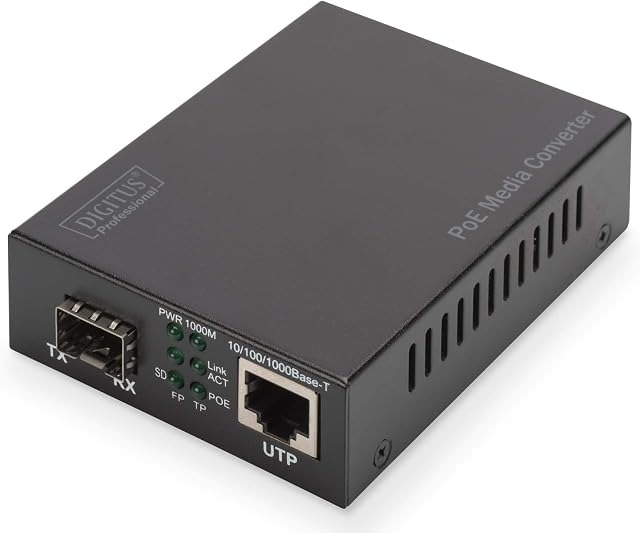 DIGITUS Media konwerter - Port SFP - Gbit Ethernet - RJ45 / SFP 1000Base-LX - Z injectorem PoE - Czarny