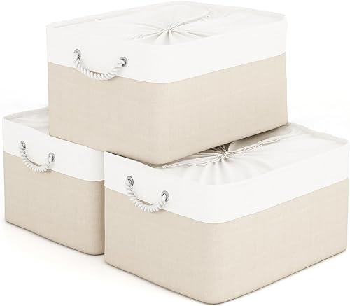 Miniatura 5 de VAN CADENE Contenedores grandes de almacenamiento para armario, organizadores de armario de lino y almacenamiento con cierre de cordón, cesta de