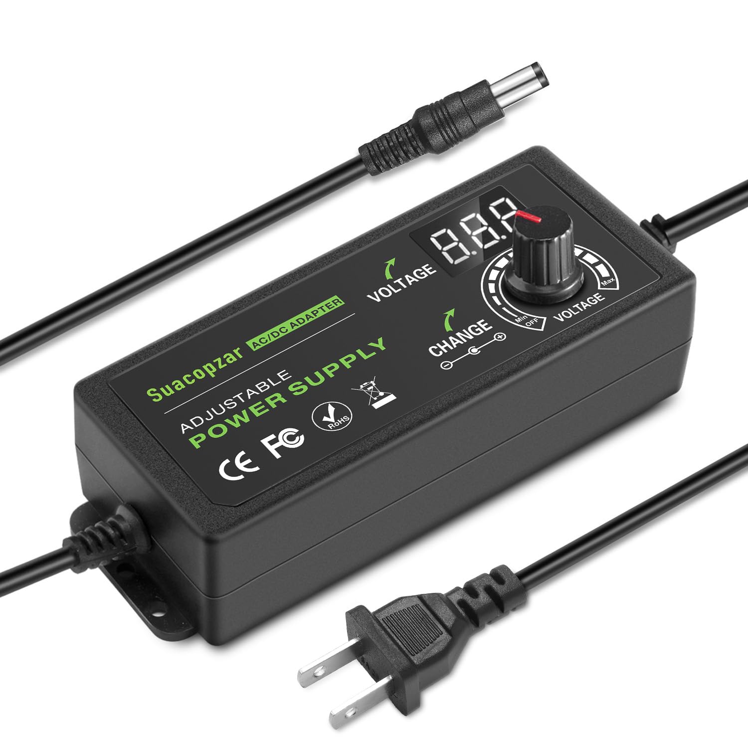 Fuente de alimentación ajustable de 60 W CC 3 V ~ 12 V 5 A, adaptador CA/CC de conmutación universal variable con pantalla LED, convertidor de CA a CC de 100 V-240 V con 5,5 x 2,1 mm y 5,5 x 2,5 mm,
