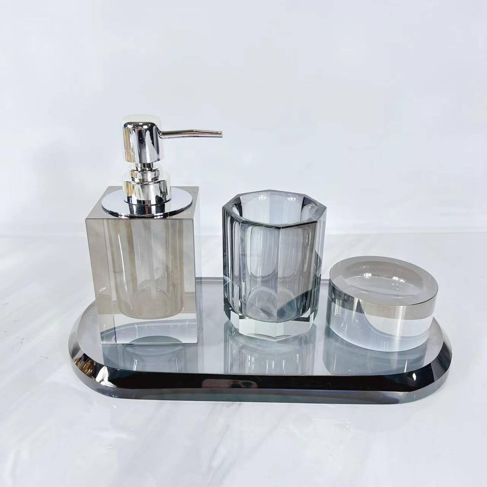 Dispenser Sapone Bagno Set con Dispenser E Bicchiere Coordinati Portapiattino E Vassoio in Vetro Cristallo Estetica Ordinata Contemporanea Adatto per Hotel Bagno Ospiti Toeletta, Moderno-A