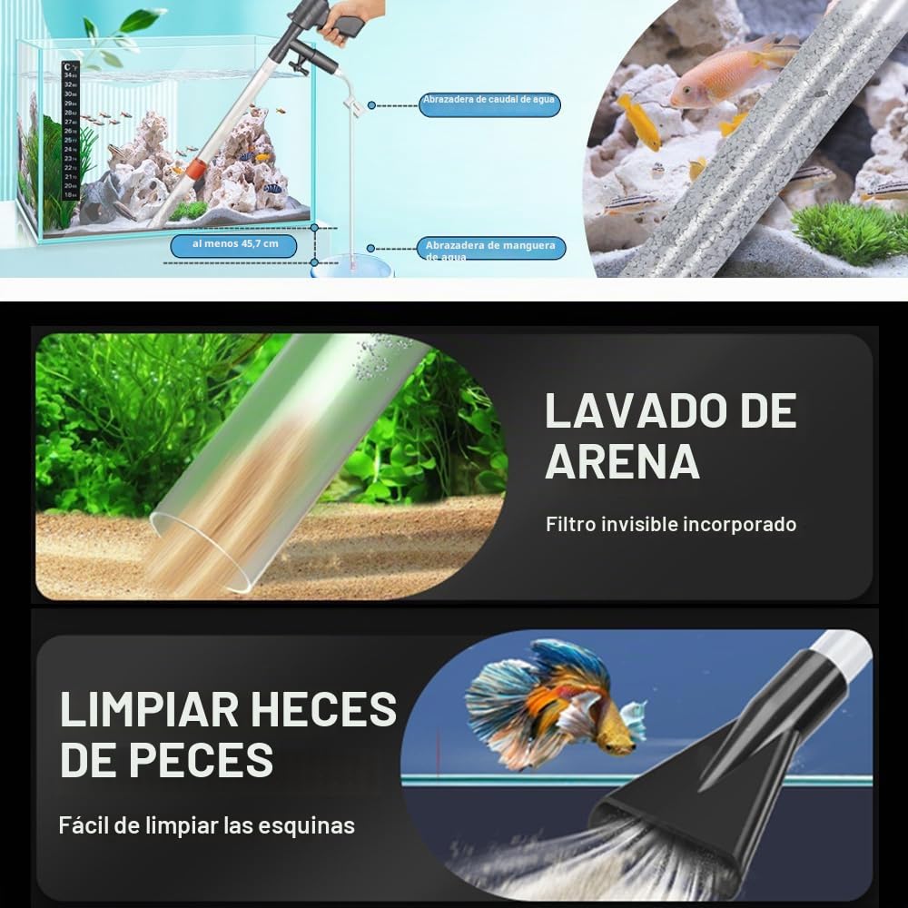 Sifonador Acuario, Limpiafondos Acuario, Sifon Acuario, Intercambiador de Agua para acuarios, Manguera de Intercambio de Agua semiautomática, Control neumático, Set de Limpieza Multifuncional