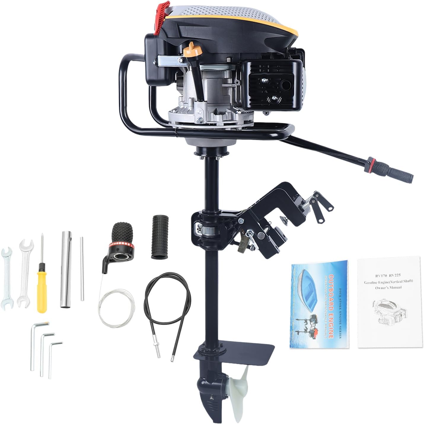 9 HP 4 Stroke Outboard Motor - 225CC Single Cylinder Gas Engine, Air Cooling, Heavy Duty Long Shaft for Inflatable & Iron Boats