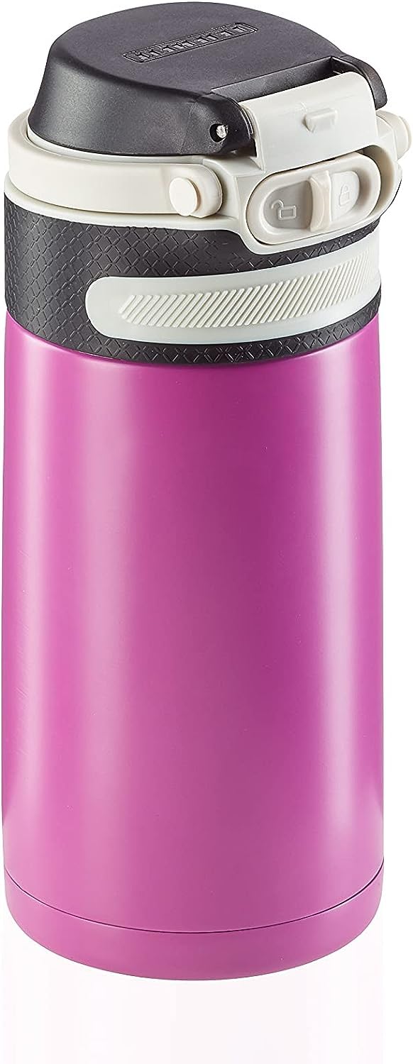 Leifheit Thermobecher Flip 350ml, Kaffeebecher 100% dicht, praktisches Öffnen mit Einer Hand, Trinkbecher to go mit Filter für Wasser mit Obststücken, hält Getränke bis zu 6 Stunden heiß, Purple