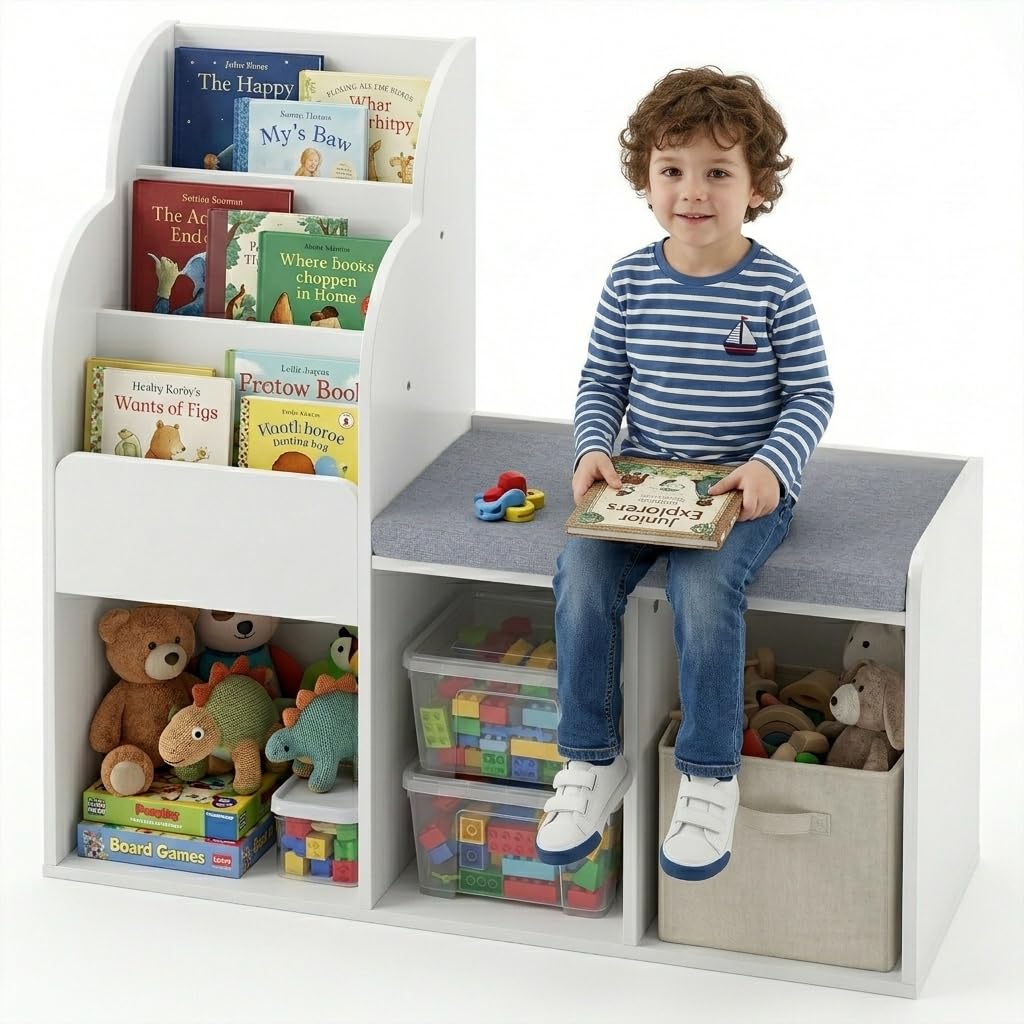 RELAX4LIFE Meuble de Rangement Enfant avec Banc de Lecture, Bibliothèque à 3 Niveaux et 6 Compartiments, Étagère à Livres avec Coussin Amovible pour Chambre d'enfant, Salon et Crèche