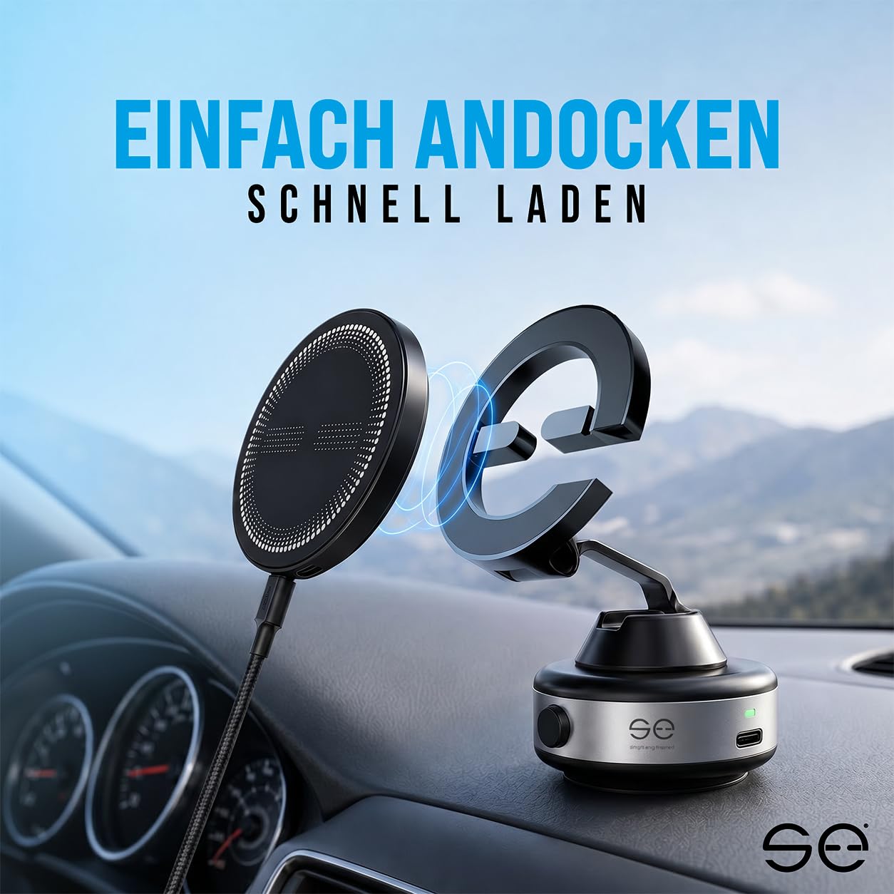 se® SNAP-POWER-BUNDLE – Handyhalterung mit Ladefunktion: SNAPMOUNT Vakuum-Halterung + SNAPCHARGE 15W Magnetisches Ladepad, kompatibel mit MagSafe, für Auto & Zuhause, USB-C, Metallring inklusive