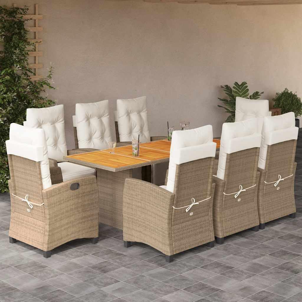 9-Piece Garden Dining Set, Rectangular Synthetic Poly Rattan, Beige Cream White, Outdoor Table and Chairs for Patio Balcony, UV-Resistant Acacia Wood Frame
