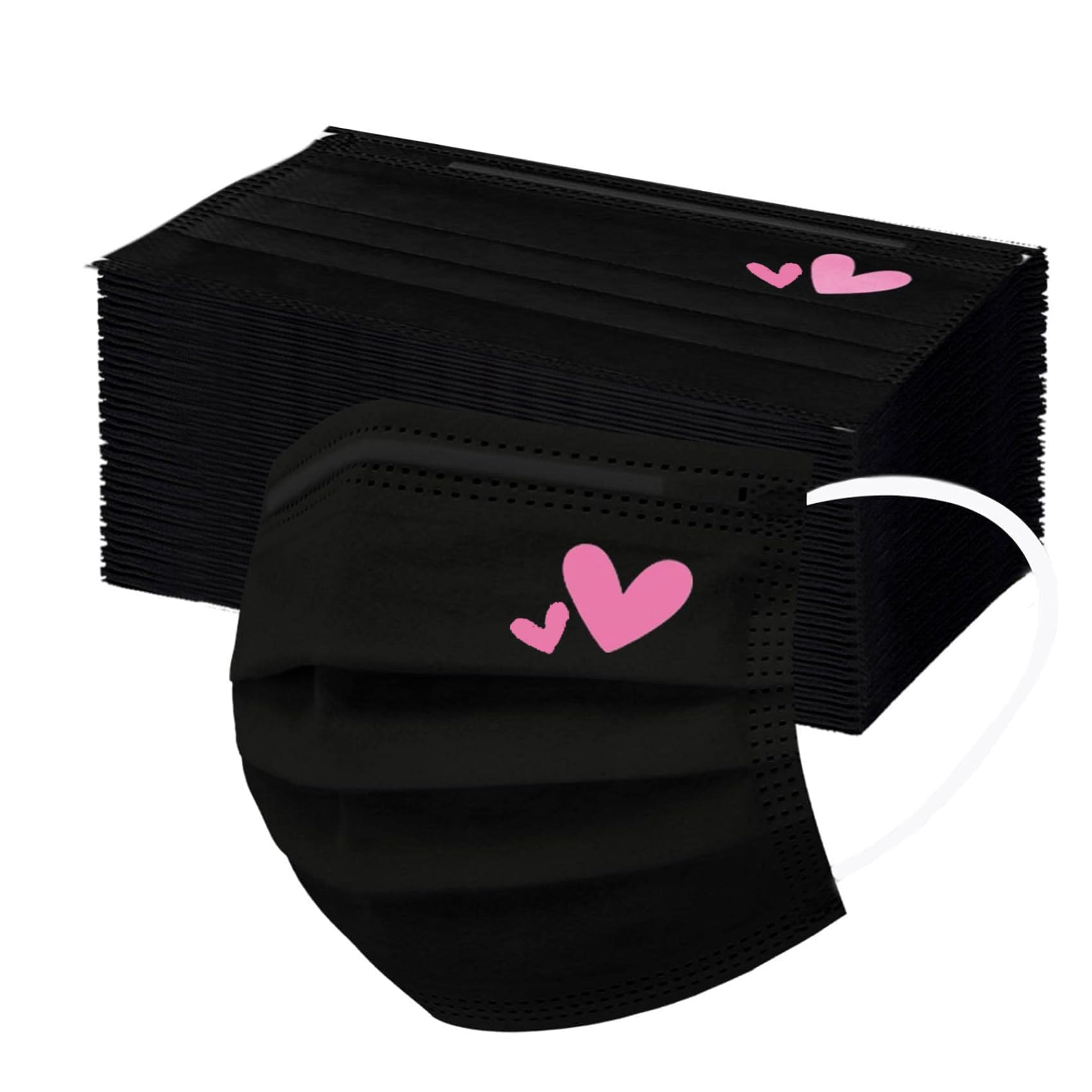 50Pcs Cute Pink Face Masks,Valentine Disposable Face Mask, Pink And Black Masks with Hearts Printed,3Ply Full Face Protection (A)