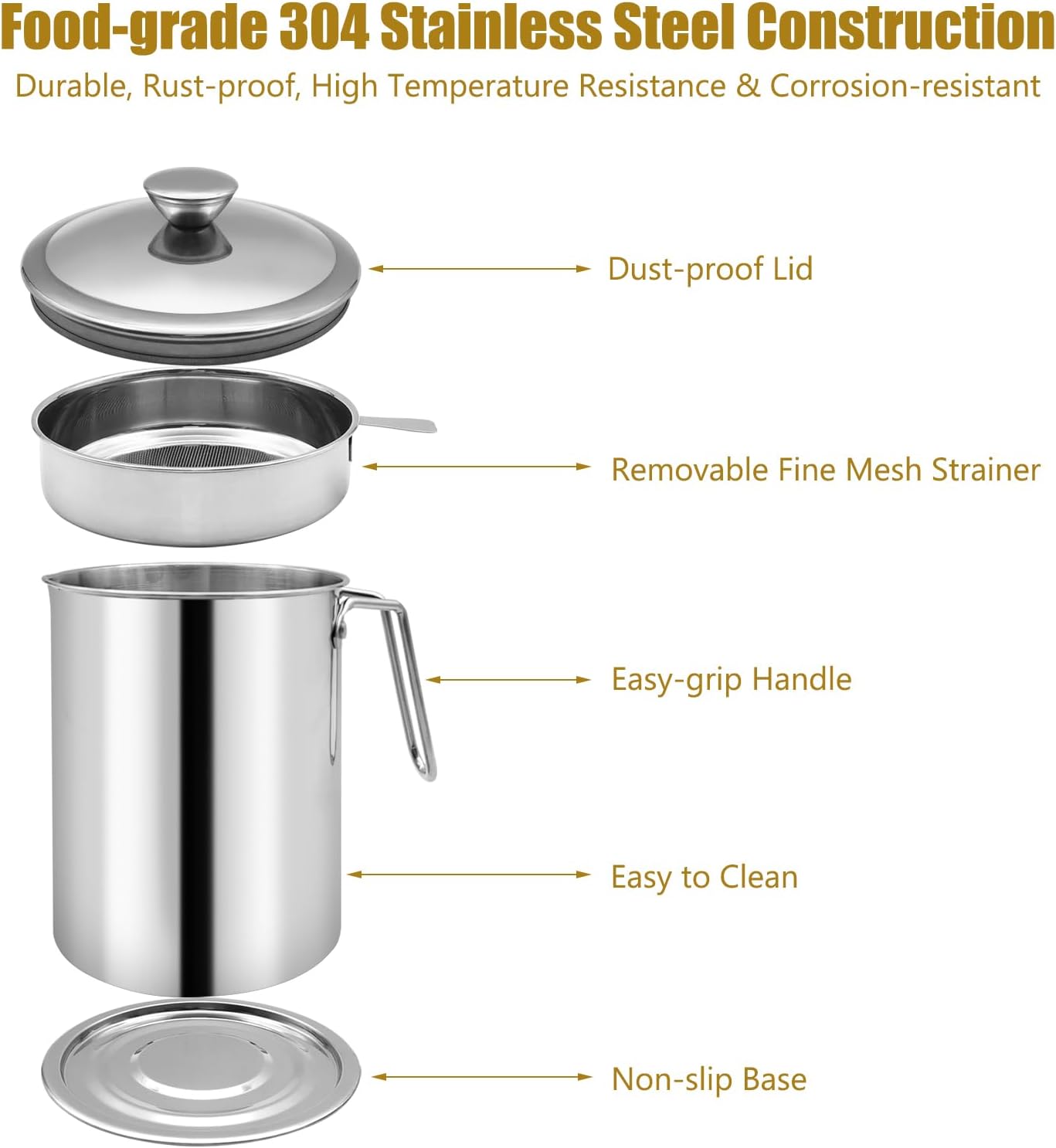 Bacon Grease Container With Strainer, 2.1L Grease Strainer and Container with Dust-Proof Lid, 304 Stainless Steel Oil Filter Storage with Fine Mesh 2.1L