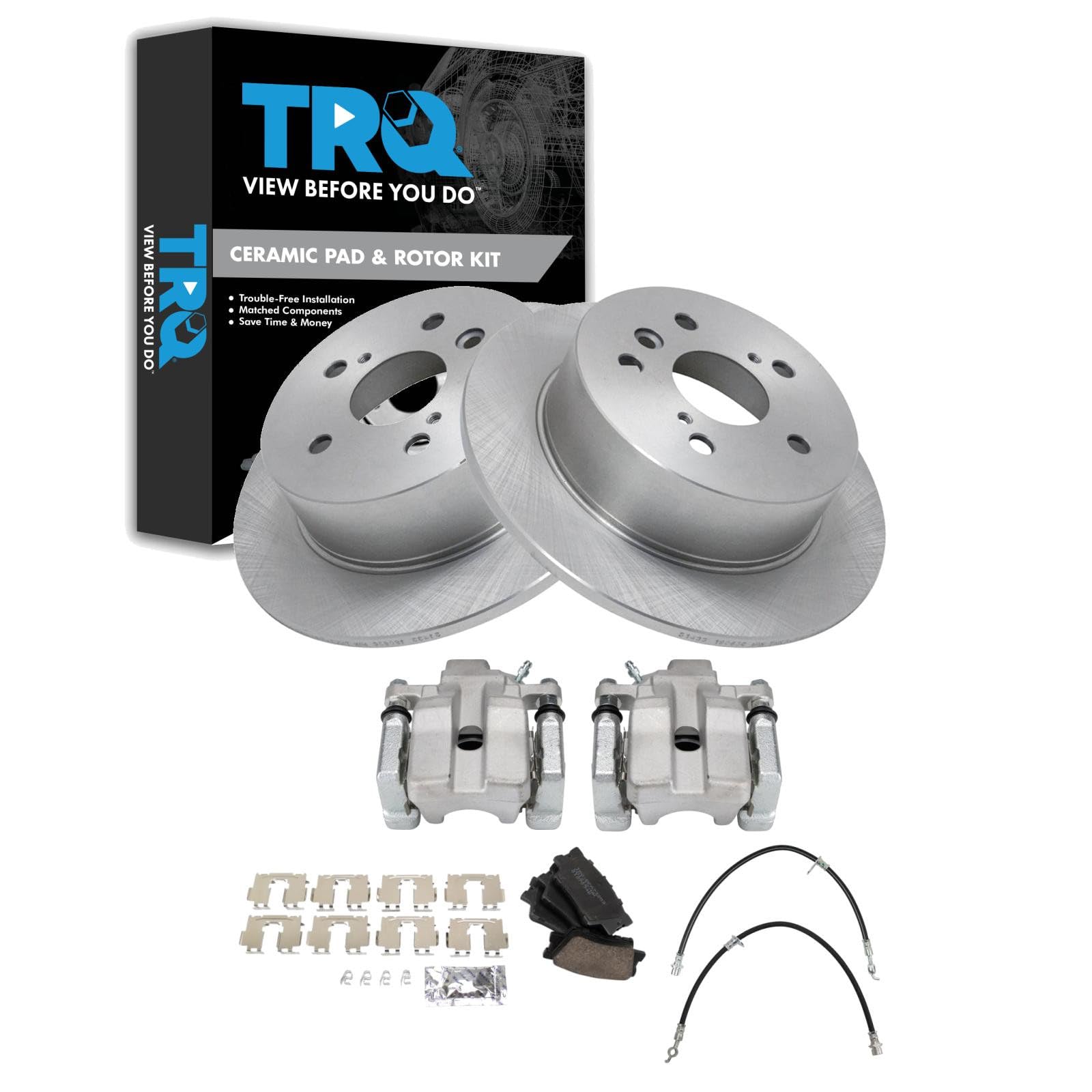 TRQ Rear Brake Pad and Rotor Set Ceramic Calipers Compatible with 2007-2012 Lexus ES350 2008-2012 Toyota Avalon 2007-2011 Camry