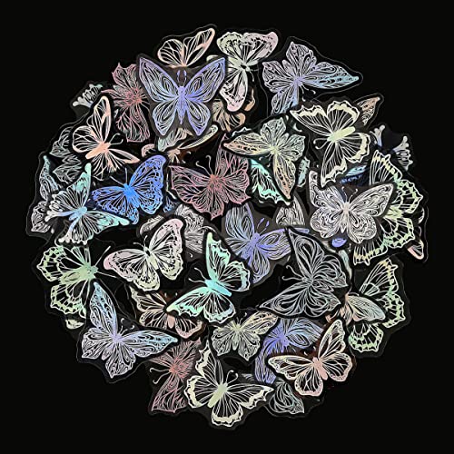 BEZANU Holographic Butterfly Stickers, 45sheet Waterproof Self Adhesive Vintage Butterfly Scrapbook Stickers for Scrapbooking Making, Bullet Journal, Water Bottles