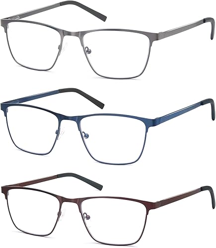Gafas de lectura para hombres y mujeres, con bloqueo de luz azul, cuadradas, de metal, ligeras y cómodas, paquete de 3