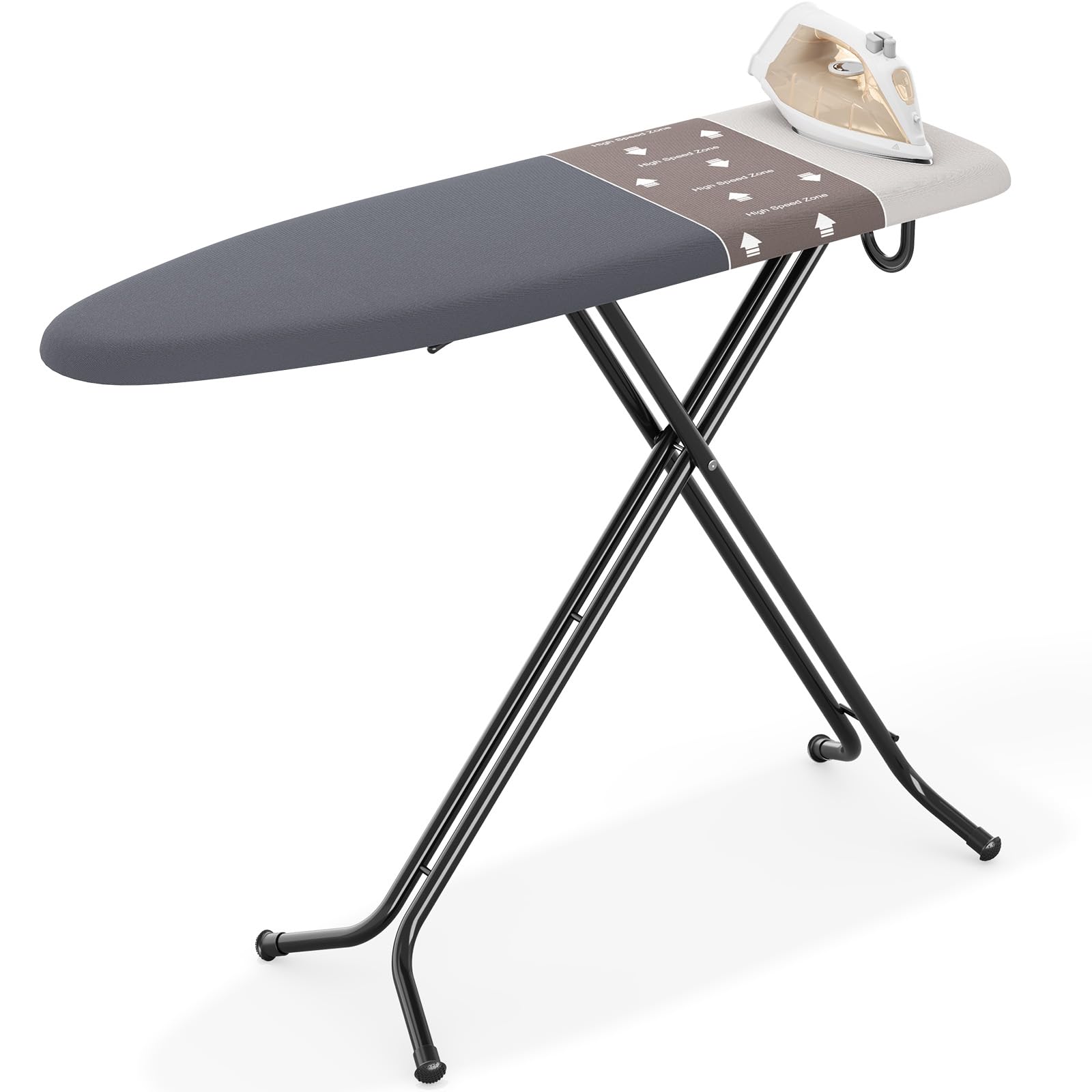 Bügelbrett Klappbar Groß, Bügeltisch Höhenverstellbar mit High Speed Zone, Dampfbügelbrett mit 4-Lagigem Bezug, Rutschfesten Füßen & Sicherheitsverriegelung, Platzsparend, 110 x 33 cm, Grau