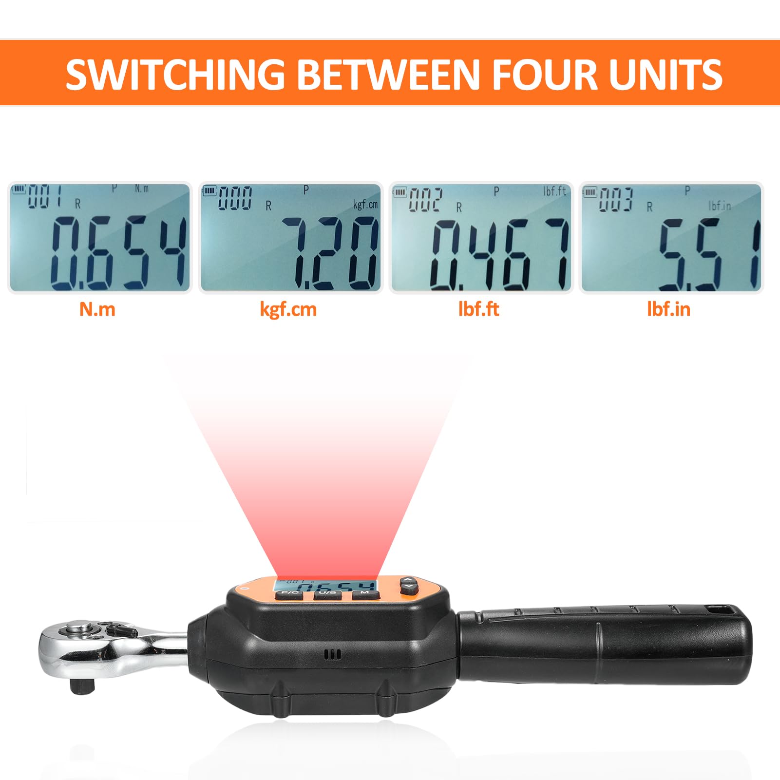 EWM-R-30 Llave dinamométrica digital de 1/4 pulgadas, llave dinamométrica digital portátil de mano, pantalla grande con luz de fondo, sonido LED, alarma LED en tiempo real, modo preestablecido, 3