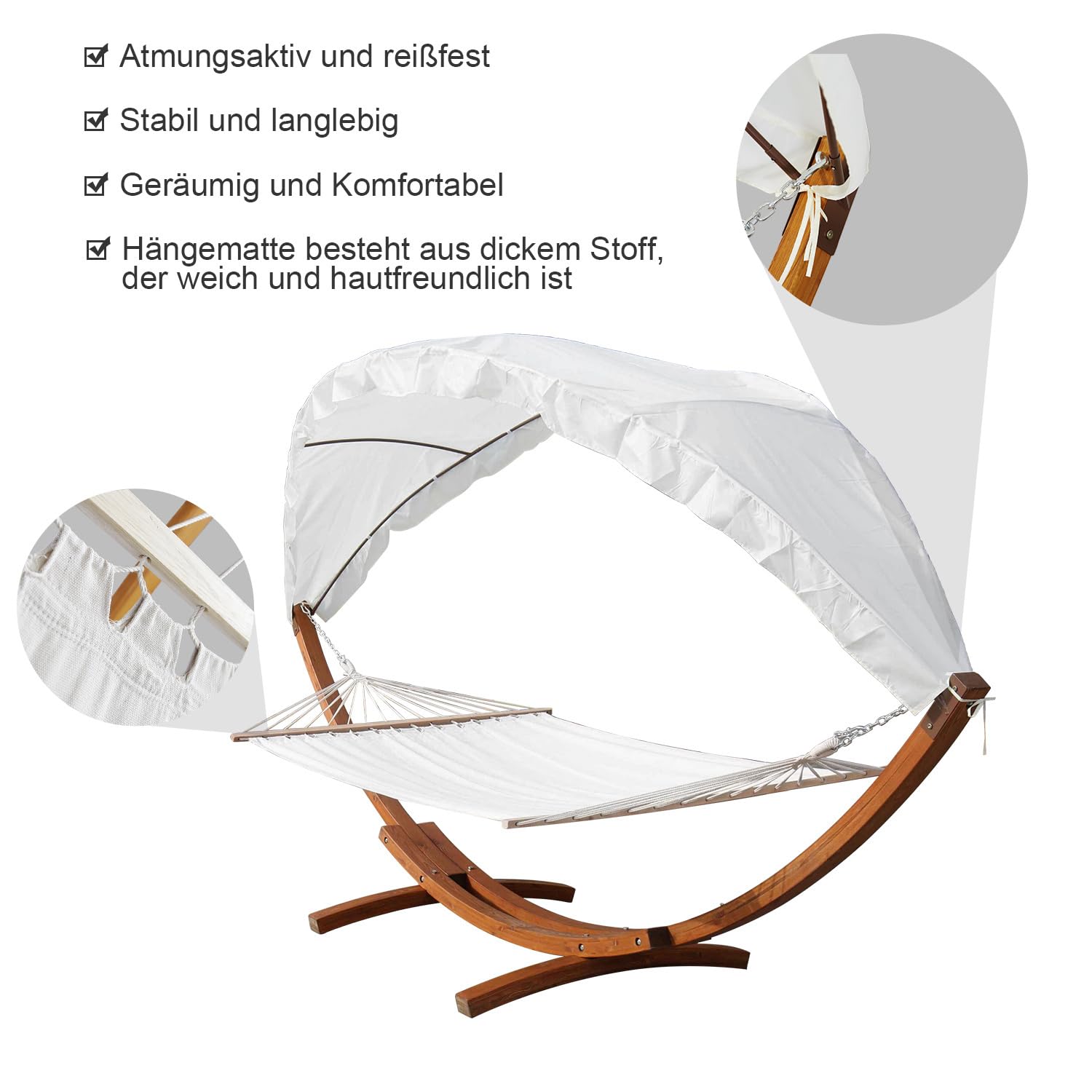 Hamac avec structure en bois, avec auvent, jusqu'à 200 kg, hamac à barre d'écartement pour 2 personnes, résistant aux intempéries, matériel de montage inclus, cadre de hamac pour balcon