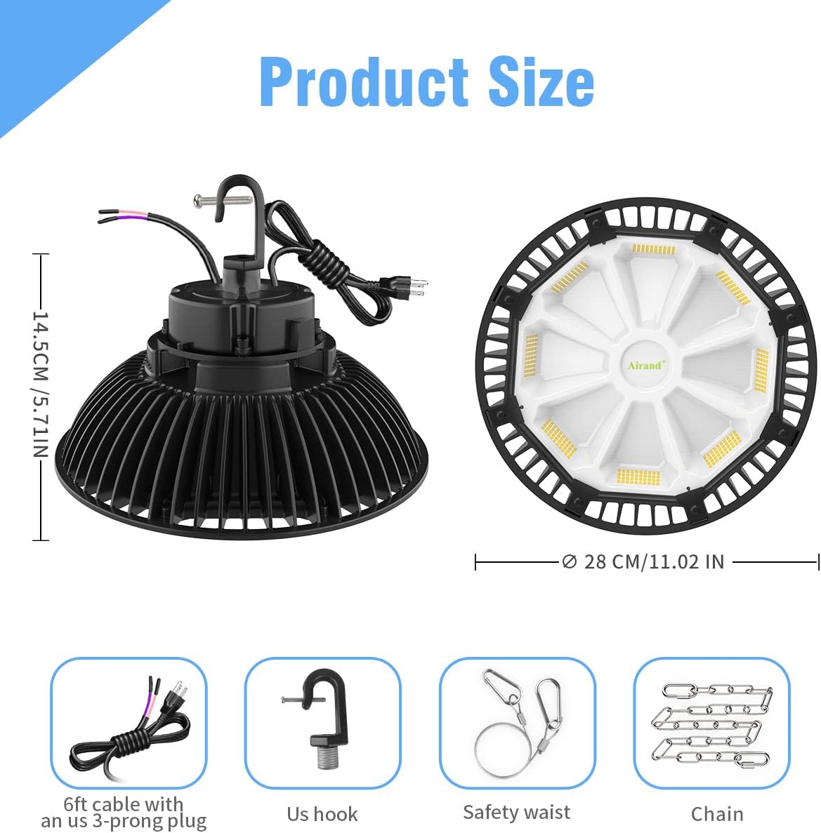 Airand LED High Bay Light UFO Hanging Lamp 28000LM 5000K Shop Bay Lighting for Workshop with Plug UL Commercial Grade Hang High Bay LED Light for Warehouse Garage Factory Area Lighting Fixture