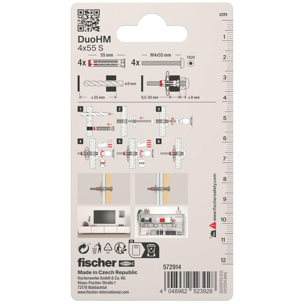 fischer 572914 DuoHM kołki rozporowe, 4 x 55 S TX ze śrubą metryczną i napędem TX do mocowania wsporników telewizyjnych, świateł, półek ściennych itp. w materiałach budowlanych panelowych (4 sztuki)