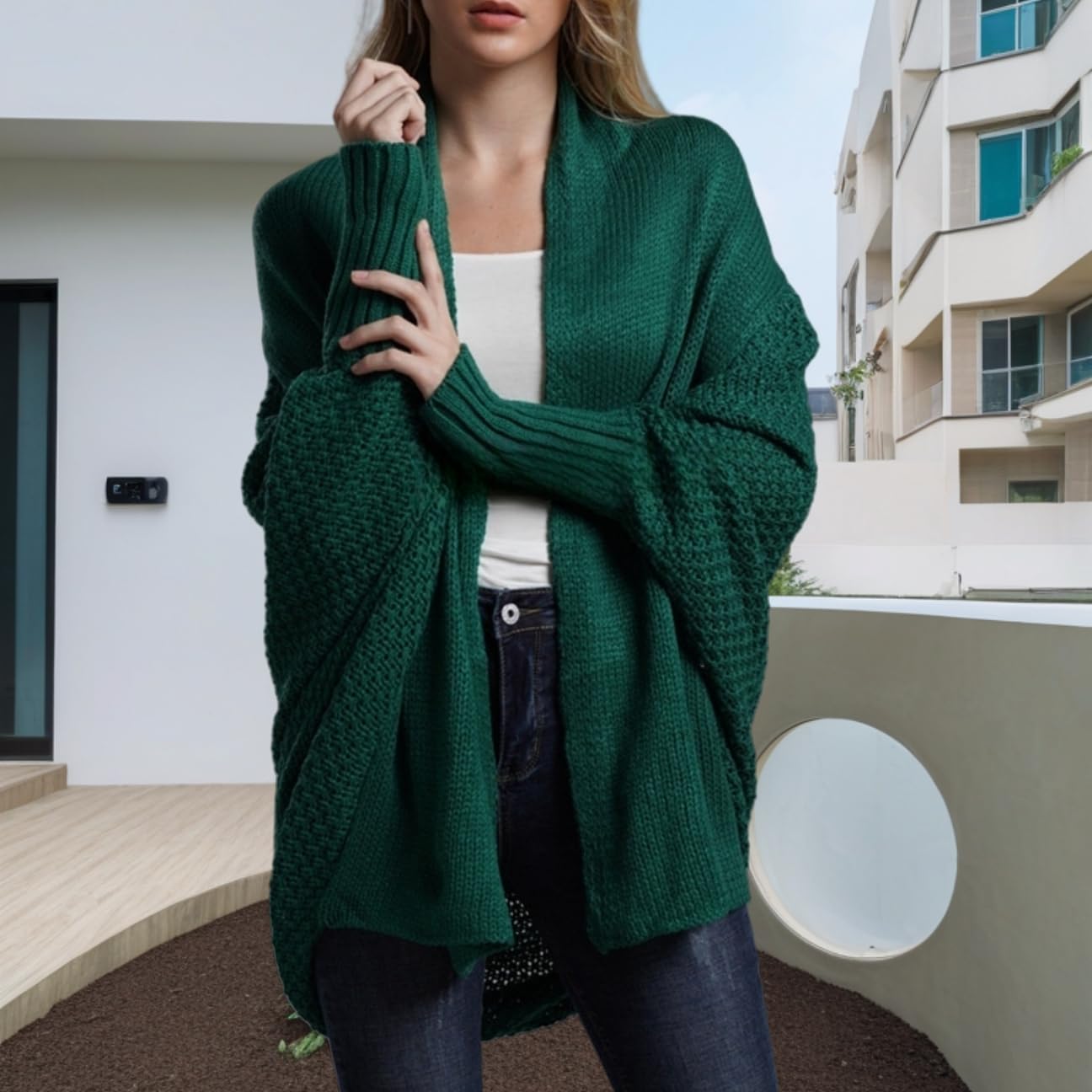 Damen Oversized Strickjacke Offene Vorderseite Grobstrick Kimono Strickjacke Slouchy Wrap Fledermausärmel Gestrickte Pullover Tops Leichte Herbststrick Outwear