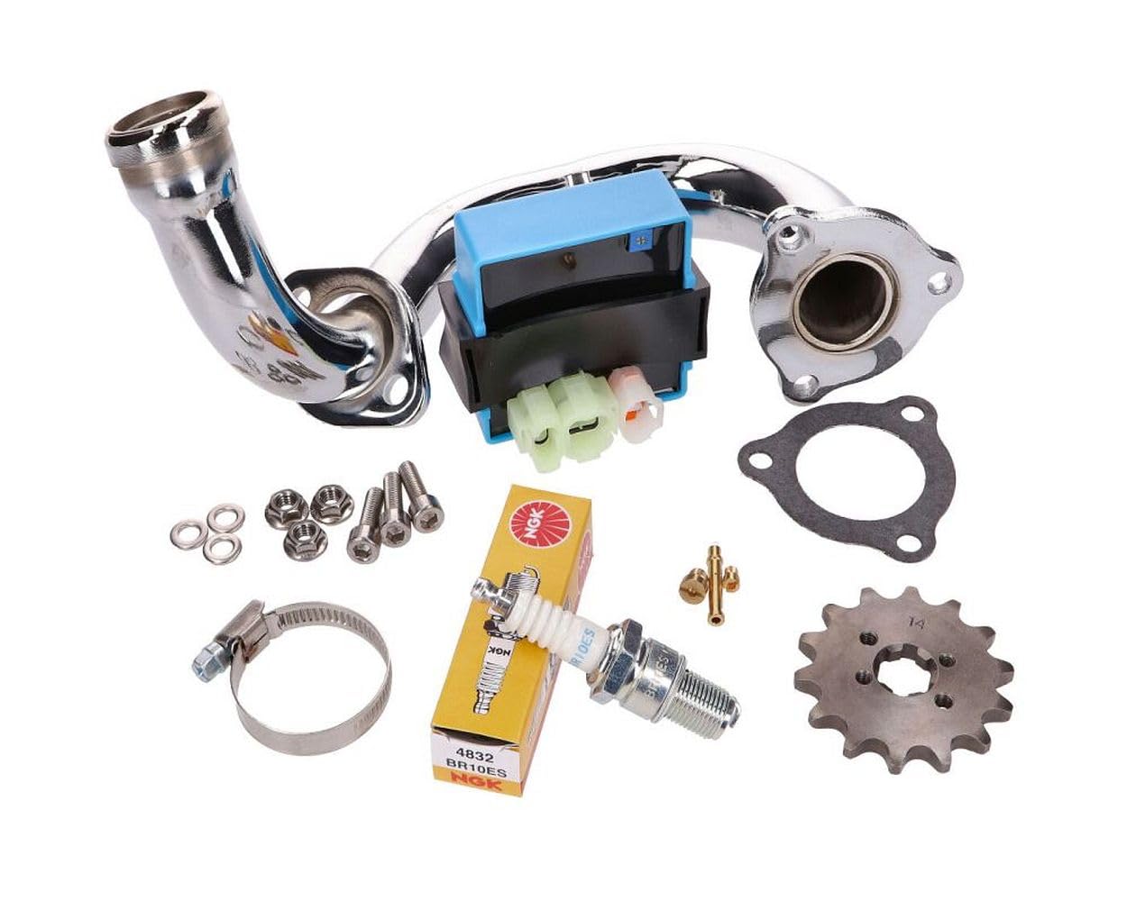2EXTREME Entdrosselungskit CDI einstellbar verchromter Krümmer kompatibel Derbi Senda Aprilia RX SX