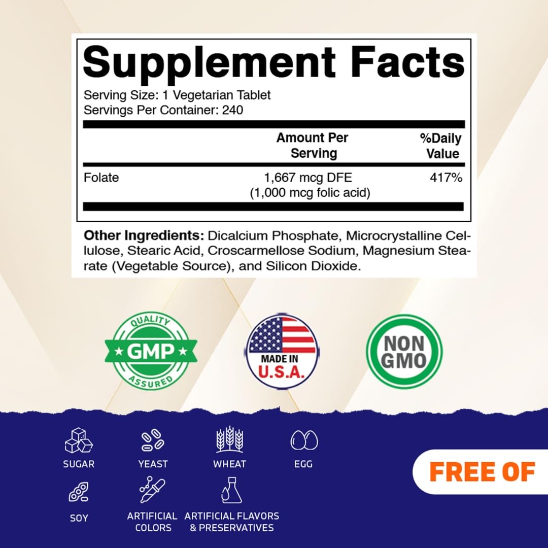 Vitamatic Folic Acid 1000 mcg (1 mg), 240 Vegetarian Tablets, 3 Pack — Amazon image 2