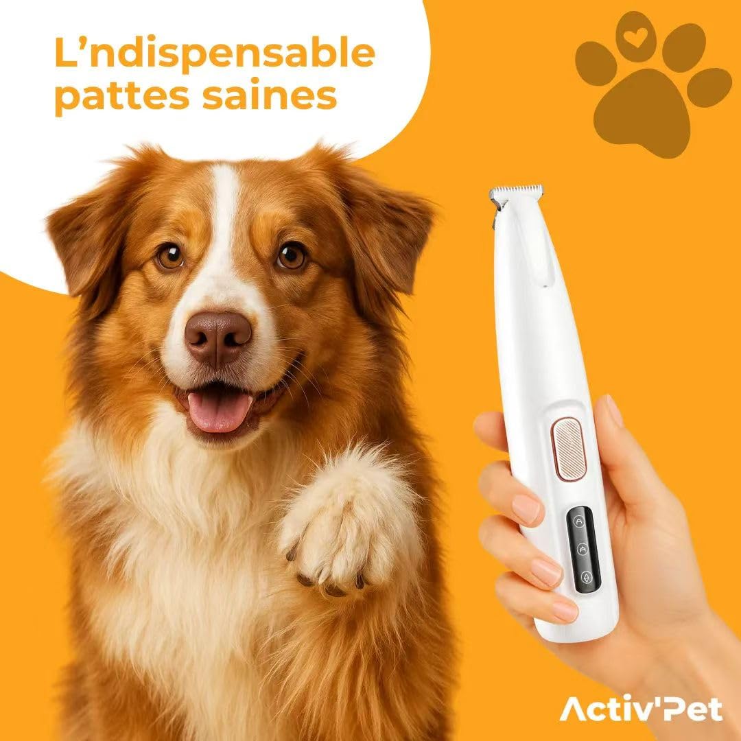 Activ'Pet Tondeuse à pattes - Douce pour Chien et Chat, Lames Céramique et Inox, LED Intégrée, Rechargeable USB, Étanche, Toilettage Zones Sensibles Sans Stress