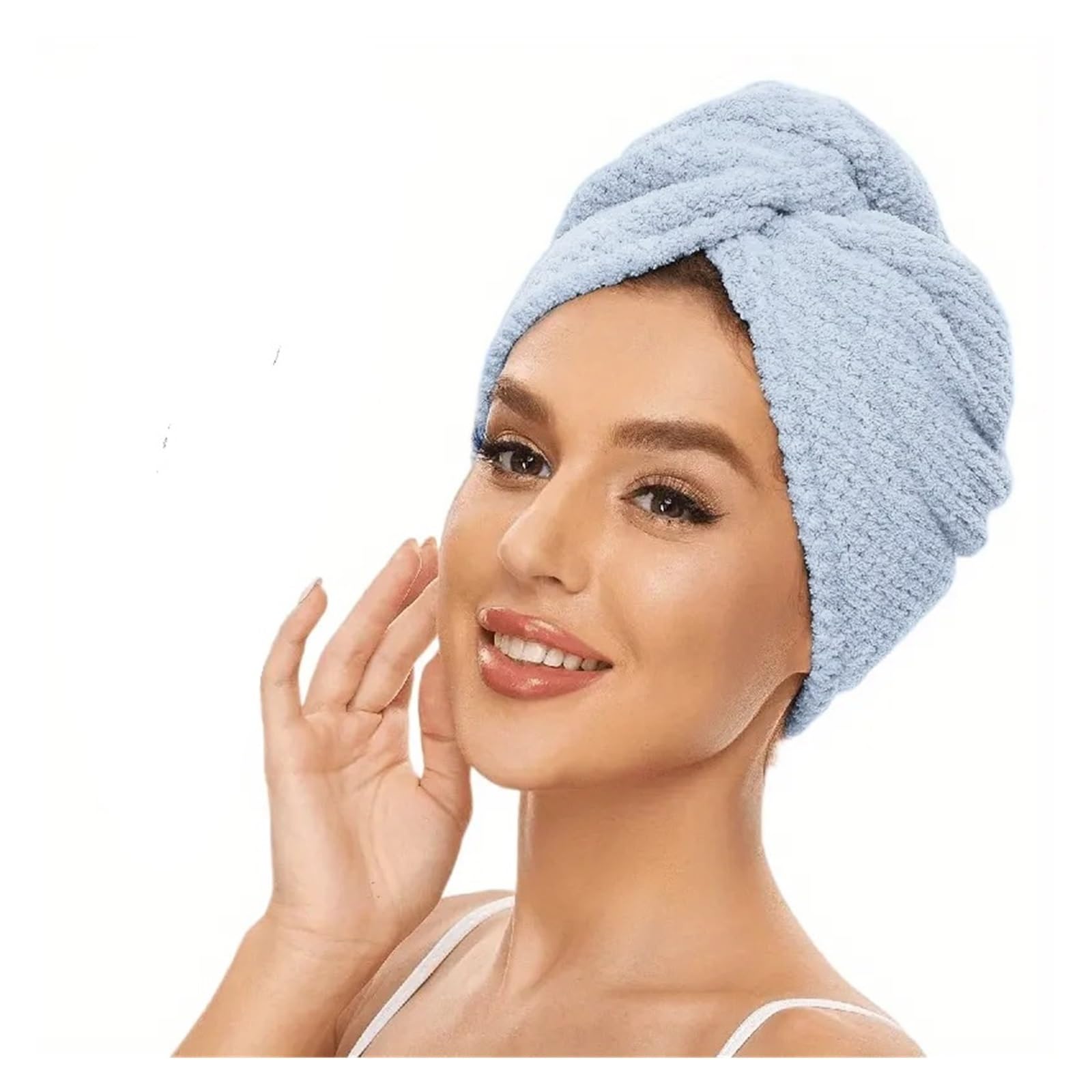 Bonnet absorbant cheveux bleu 25x65cm boutonné texturé uni pour femme