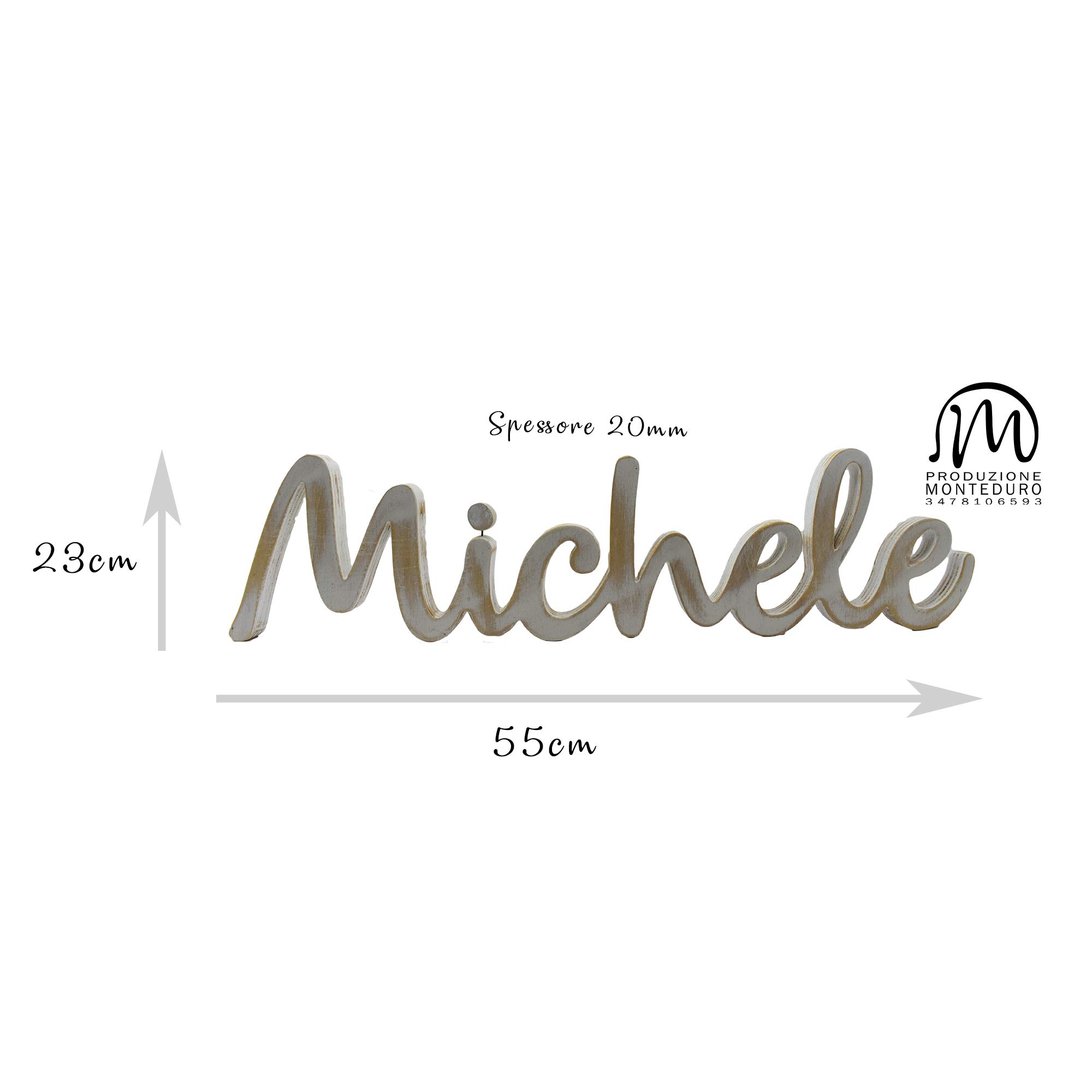 Nome Lettere Scritta in legno di pioppo spessore 20mm altezza 25cm larghezza 55cm finitura grezza o shabby RAGALO GADGET COMPLEANNO NASCITA BATTESIMO COMUNIONE CRESIMA NEONATO MATRIMONIO