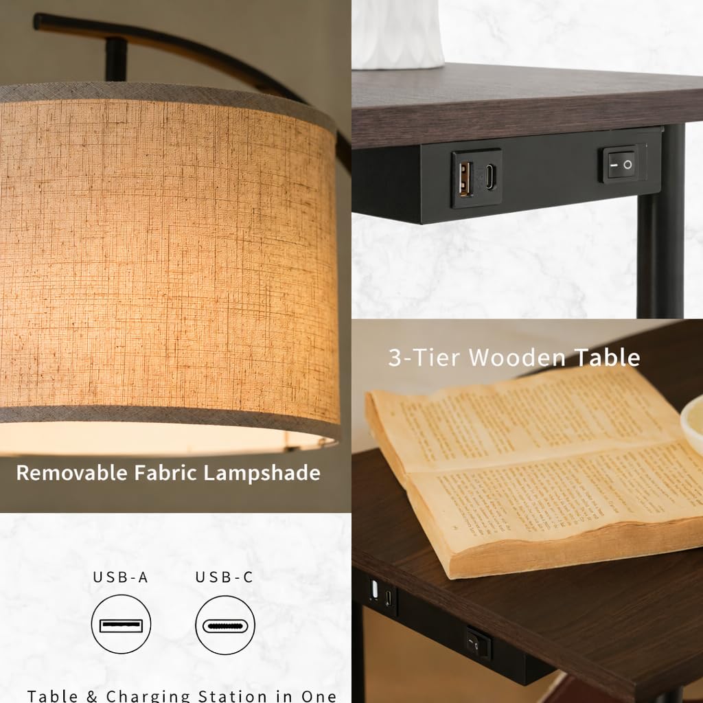 Lampada da Terra Vintage con Mensole, Piantana in Legno con Tavolino e Stazione di Ricarica, Nocciola Retrò 3 Livelli di Rangement, Testa Orientabile, per Soggiorno, Camera da Letto