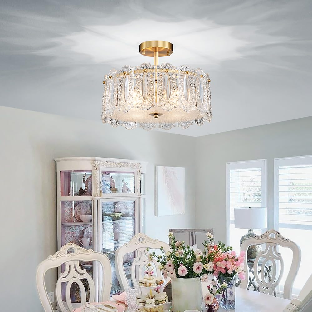 SM Saint Mossi plafonnier en verre de cristal, plafonnier moderne semi-encastré, D14,6 x H9,5, culot E14, 4 lumières, finition cuivre