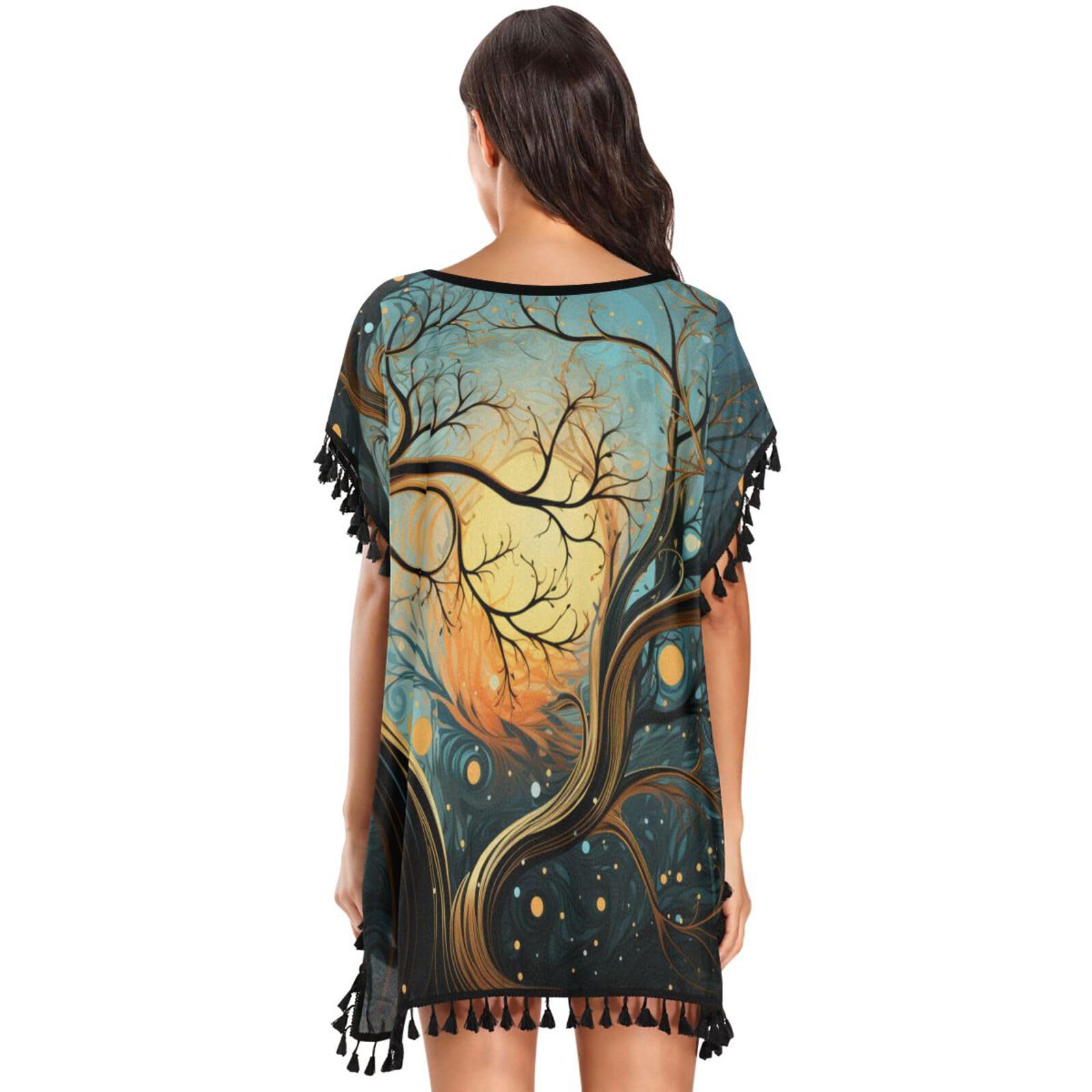 KAAVIYO Oil Artwork Moon Forest Women's Beach Cover Up Chiffon Tassel Swimwear Swimsuit Coverups for Girl