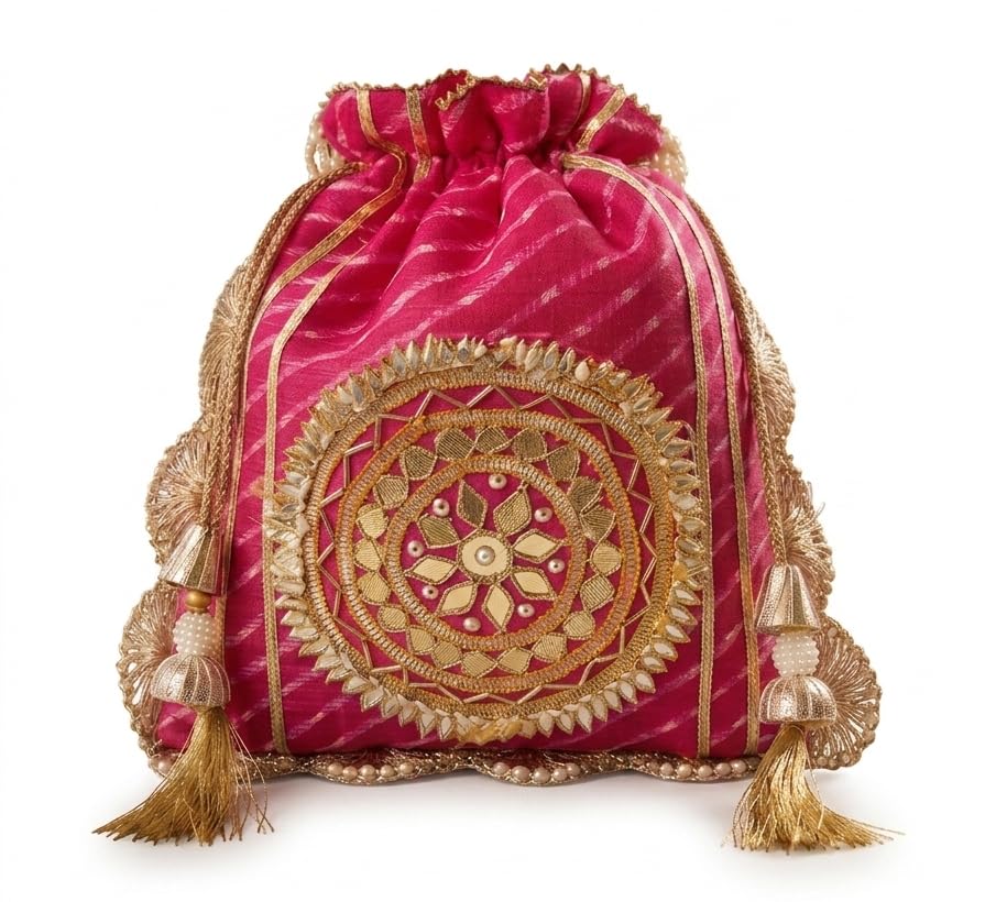 byra Pink Mothda Leheriya Handwork Gotta Flower with Gold Print– Ethnic Silk Drawstring Clutch for Weddings, Bridal Wear, and Festive Occasions-picture-45