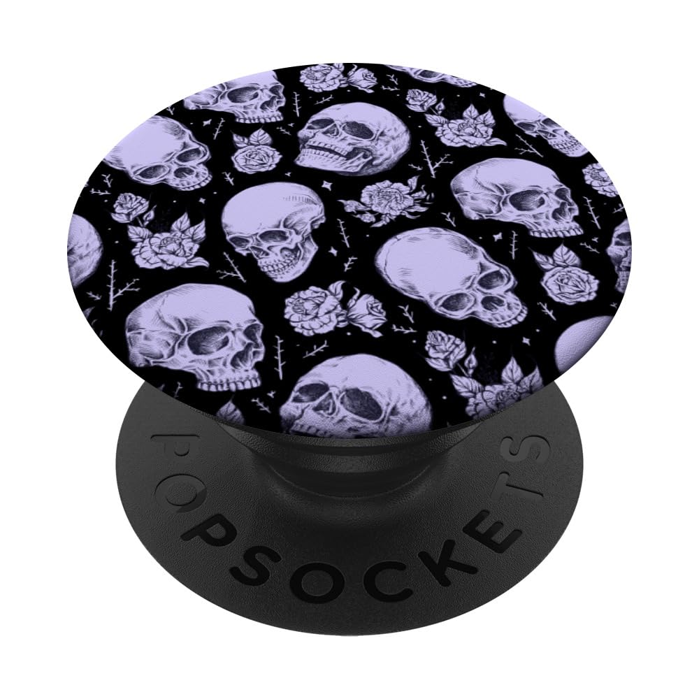 Halloween Modern Trendy Skulls and Roses on Lilac Purple PopSockets Adhesive PopGrip