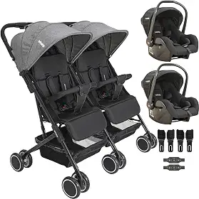Carrinho Kiddo para Gemeos com 2 Bebe Conforto Mascote Grafite