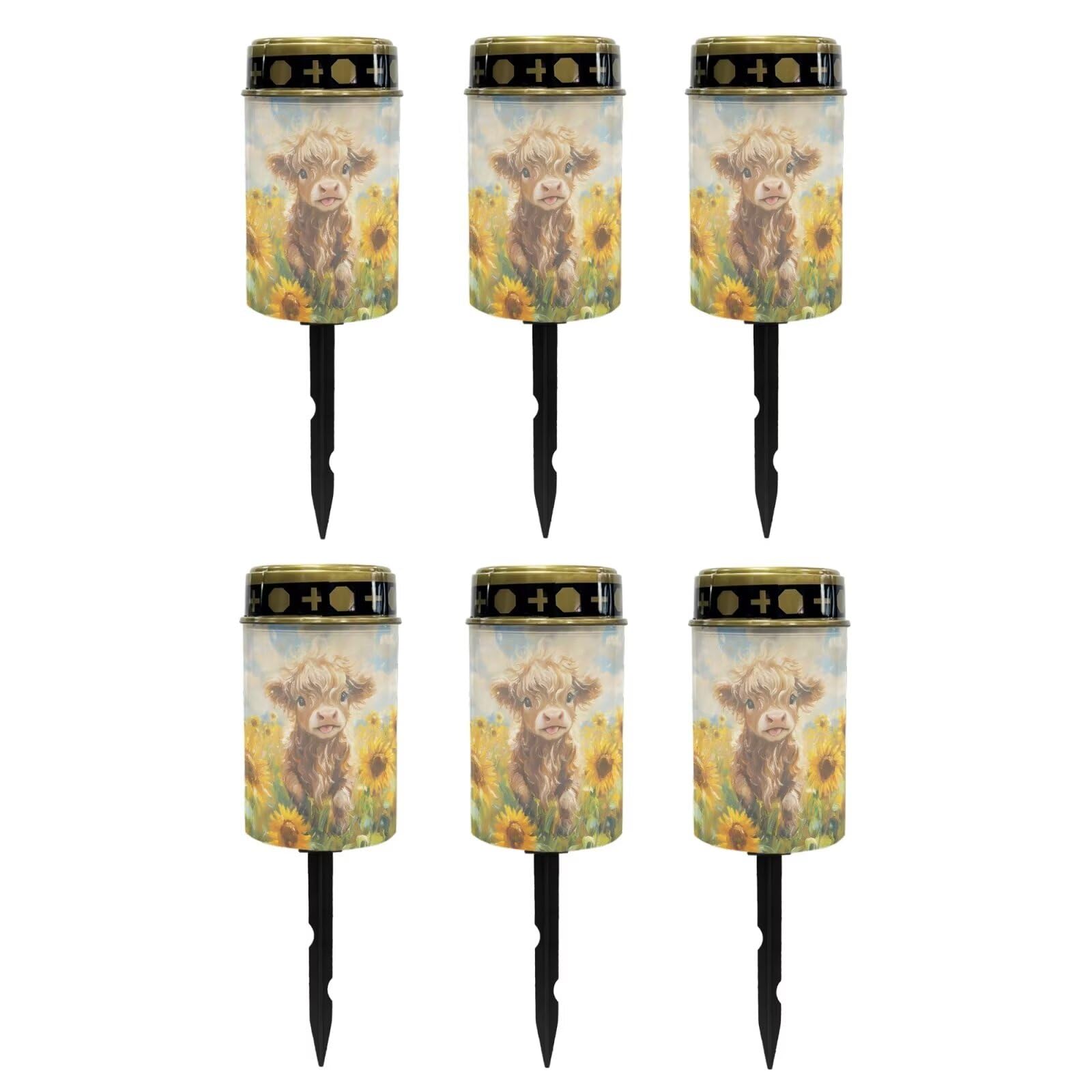 Poceacles Solar Lights Pack of 6 Solar Outdoor Lights Outdoor Waterproof Stake Solar Lights Votive Candles Grave Solar Candles for Memorial Day Pathway Decorations, Cute Cow Sunflower