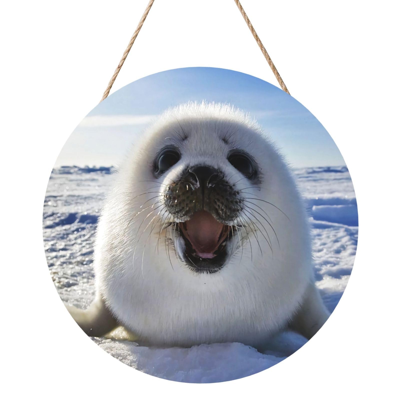 InOmak Harp Seal Painting Wallpaper, Round Wood Panel Painting 12 in, Wall Hanging Painting For Home